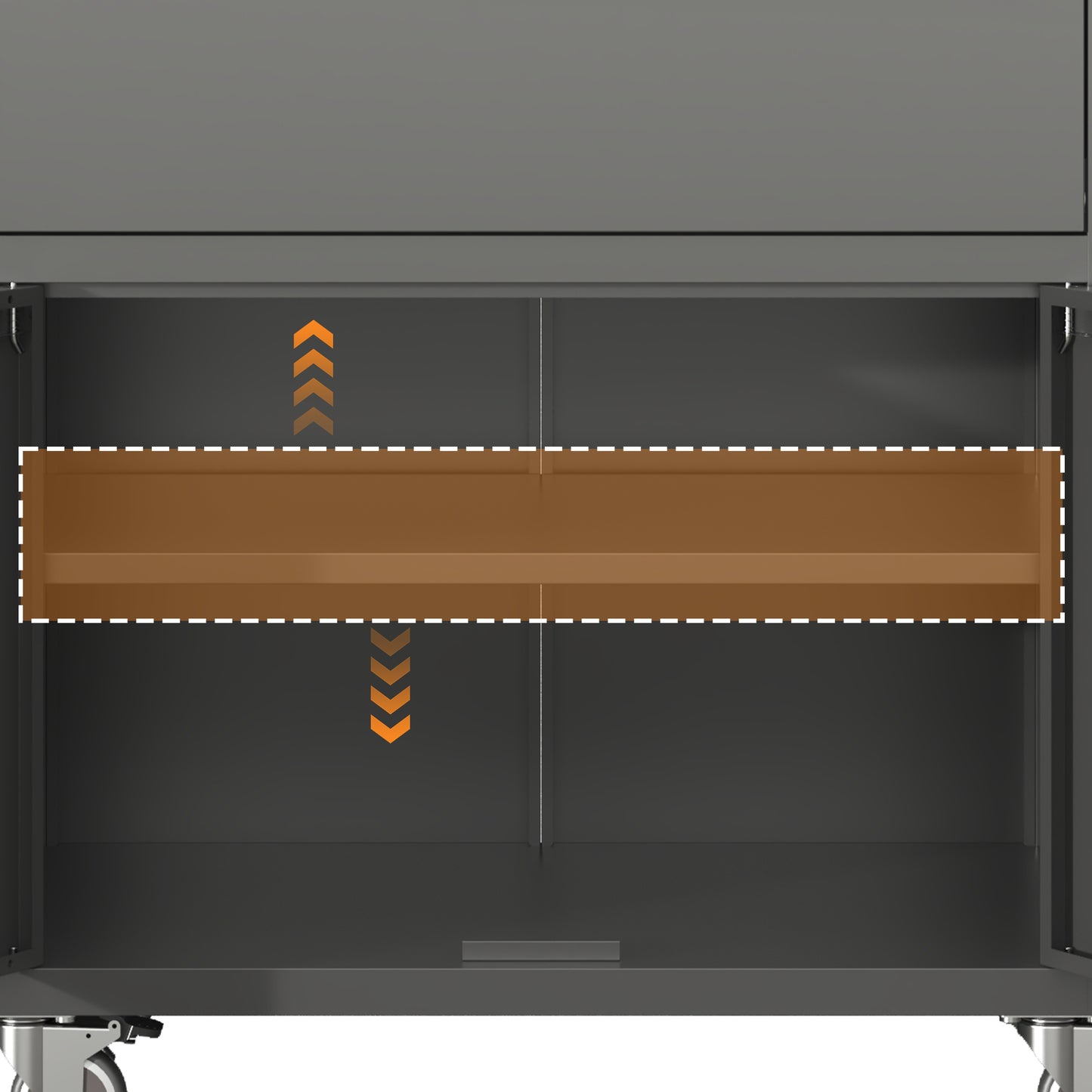 Dark gray metal cabinet interior with a single brown shelf and orange directional arrows