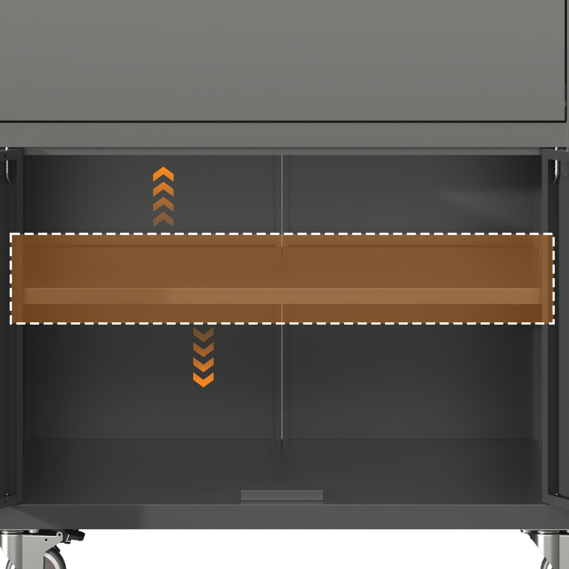 Dark gray metal cabinet interior with a single brown shelf and orange directional arrows