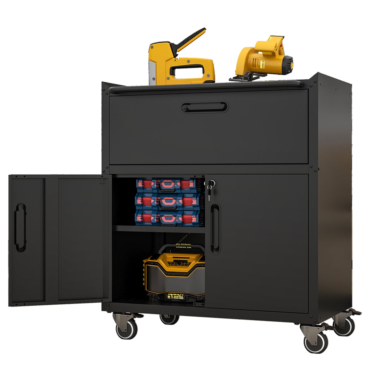 Black rolling tool cart with yellow stapler and circular saw on top