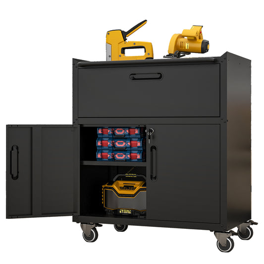 Black rolling tool cart with yellow stapler and circular saw on top