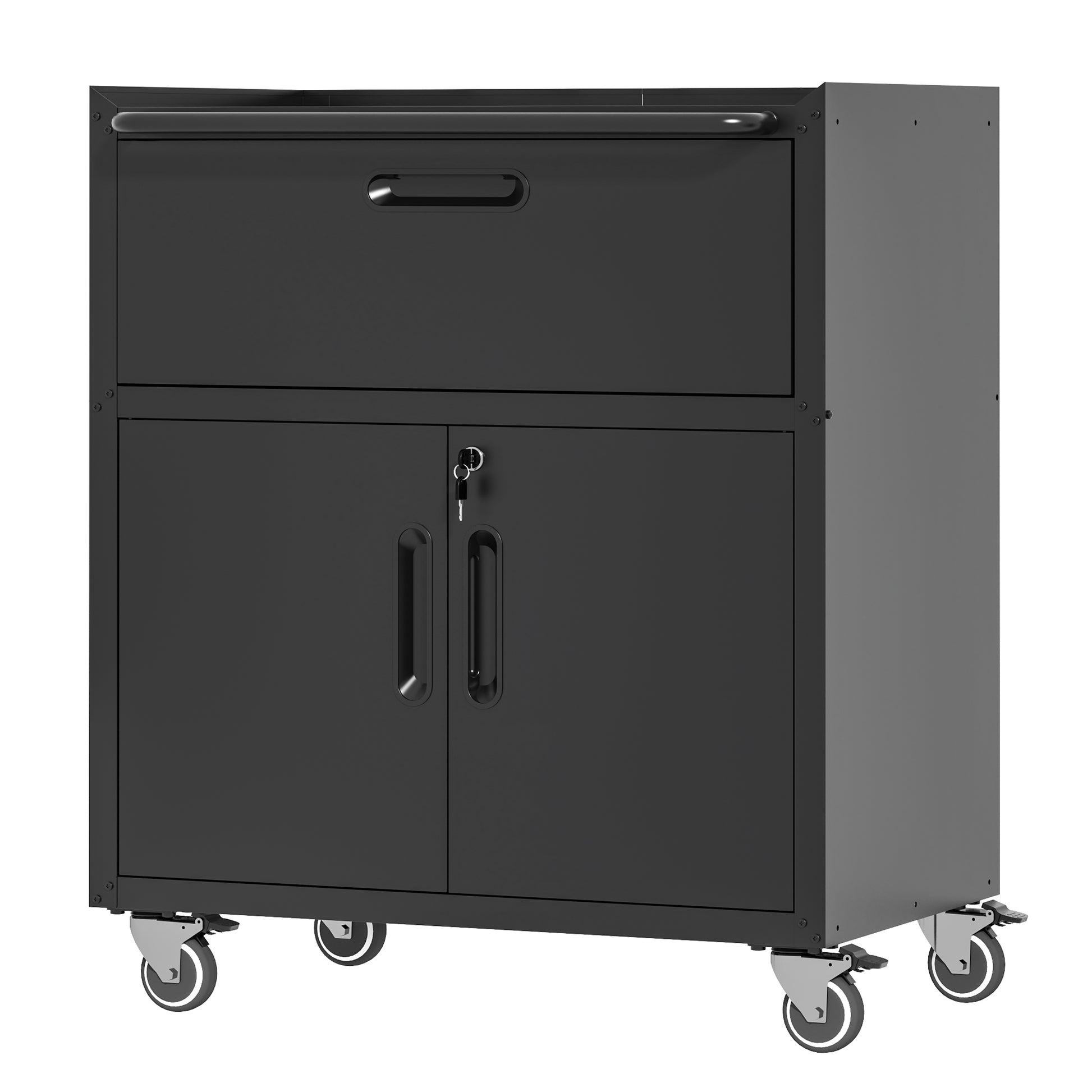 Black metal rolling tool cabinet with one drawer and two locking cabinet doors