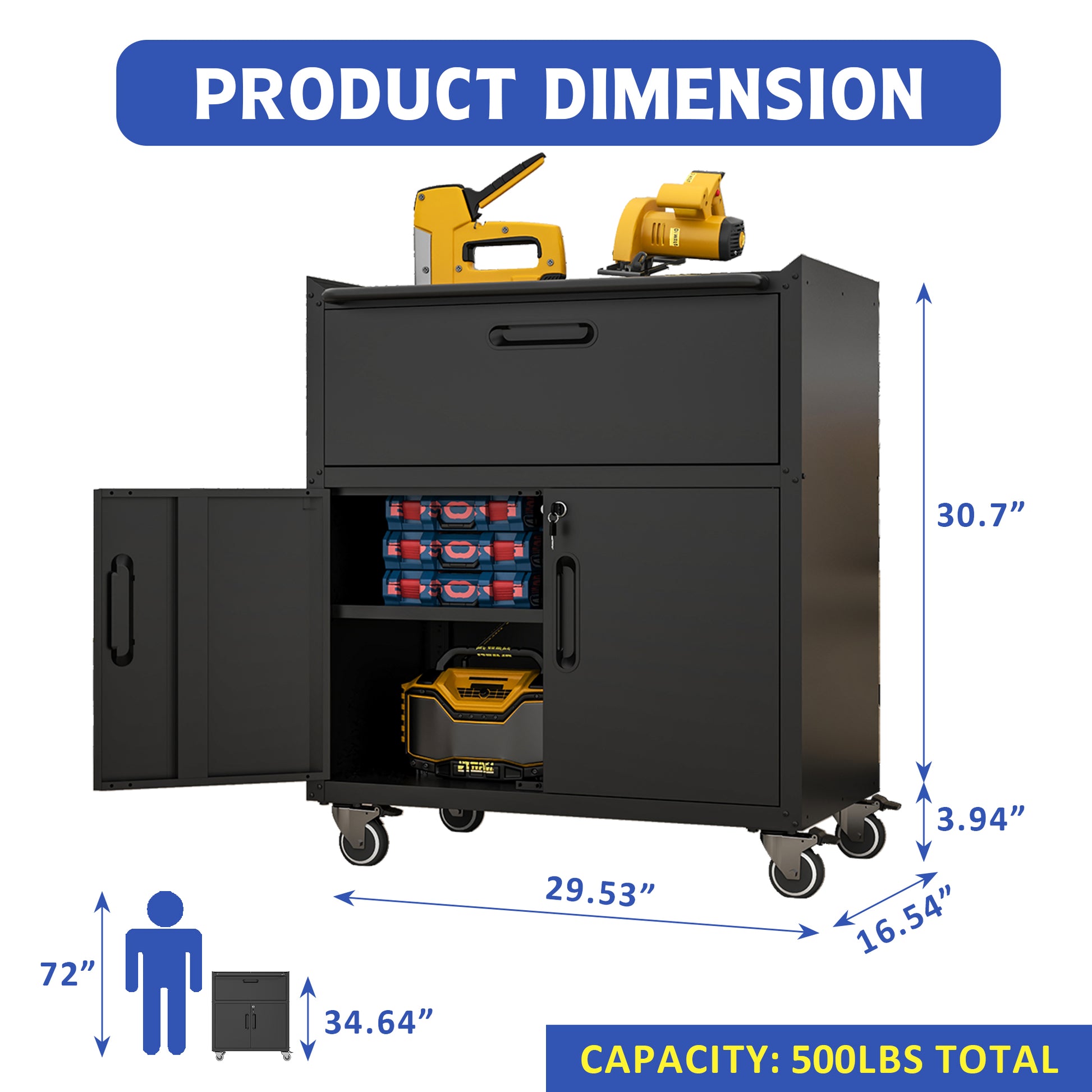 Black rolling tool cabinet with open door showing stacked toolboxes and a power tool
