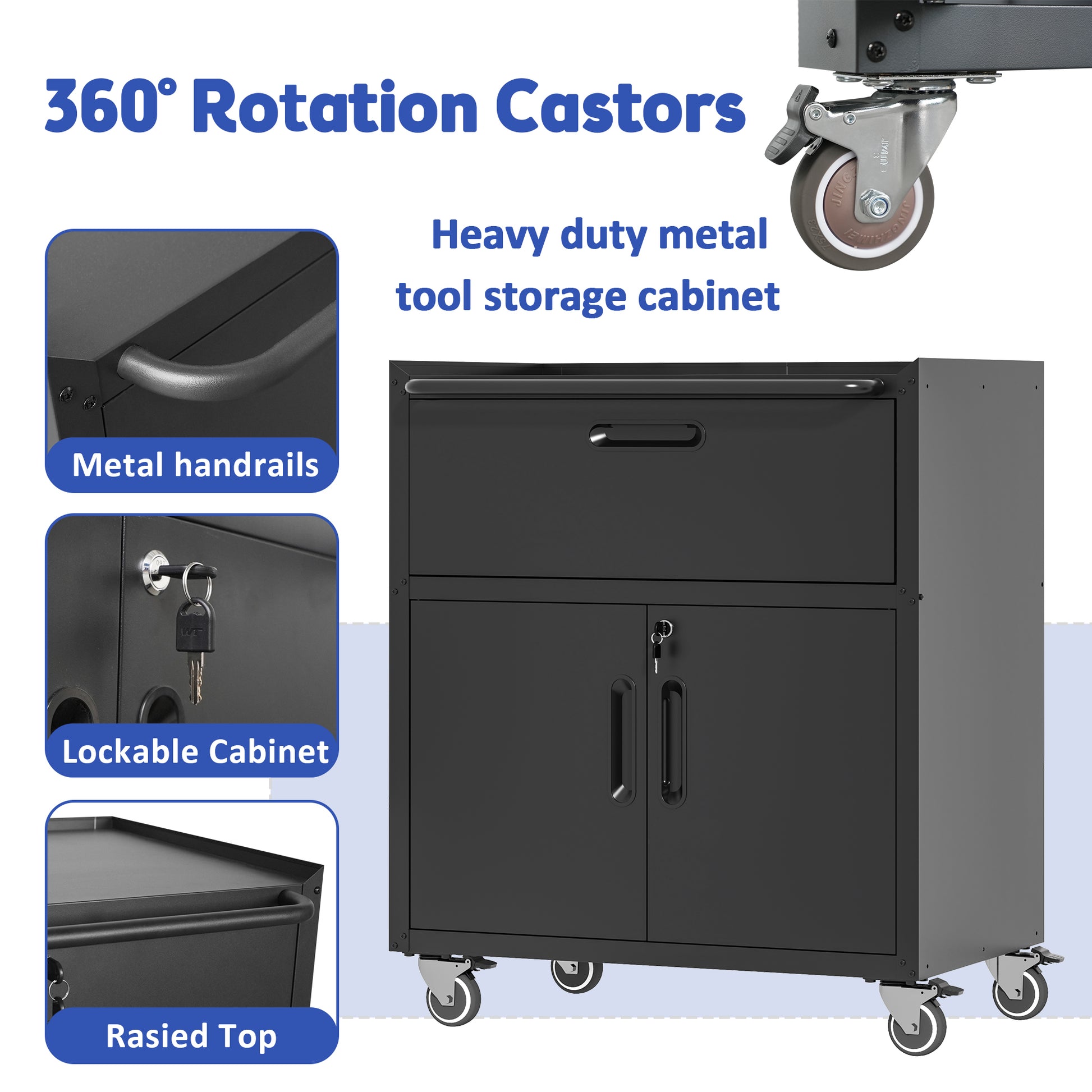 Black heavy duty metal tool storage cabinet with drawers and lockable doors