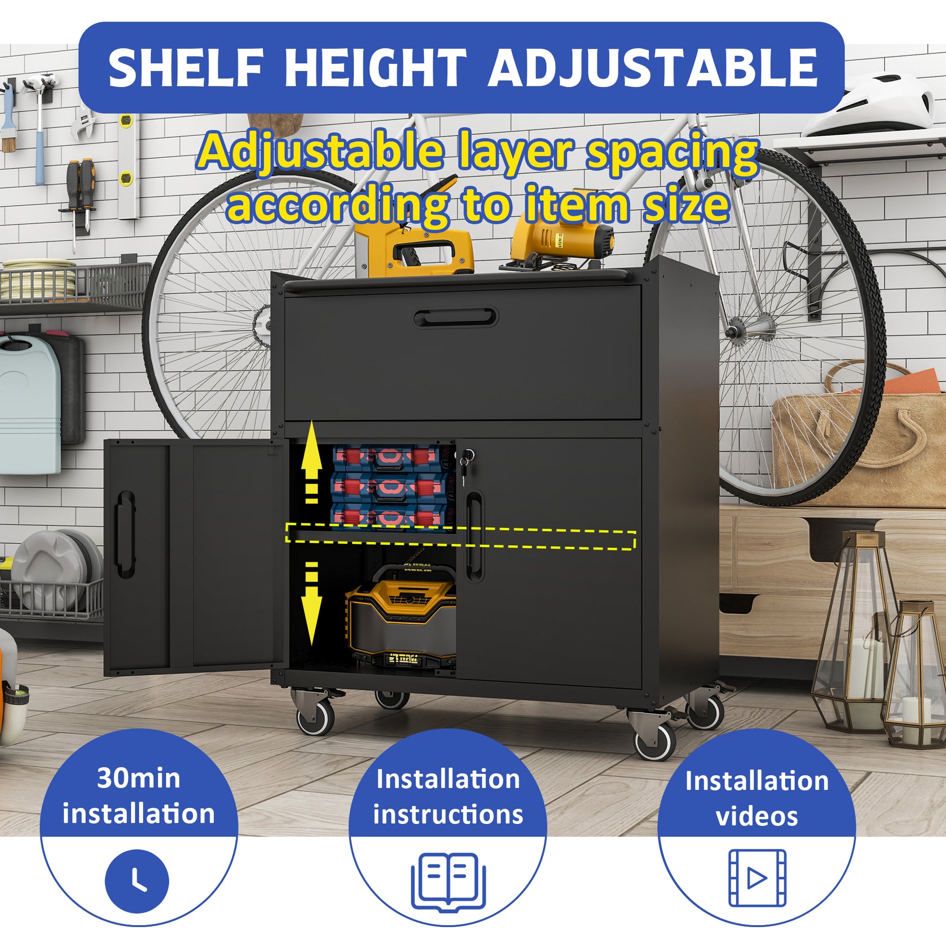 Black metal rolling tool chest with adjustable shelf height for organized storage