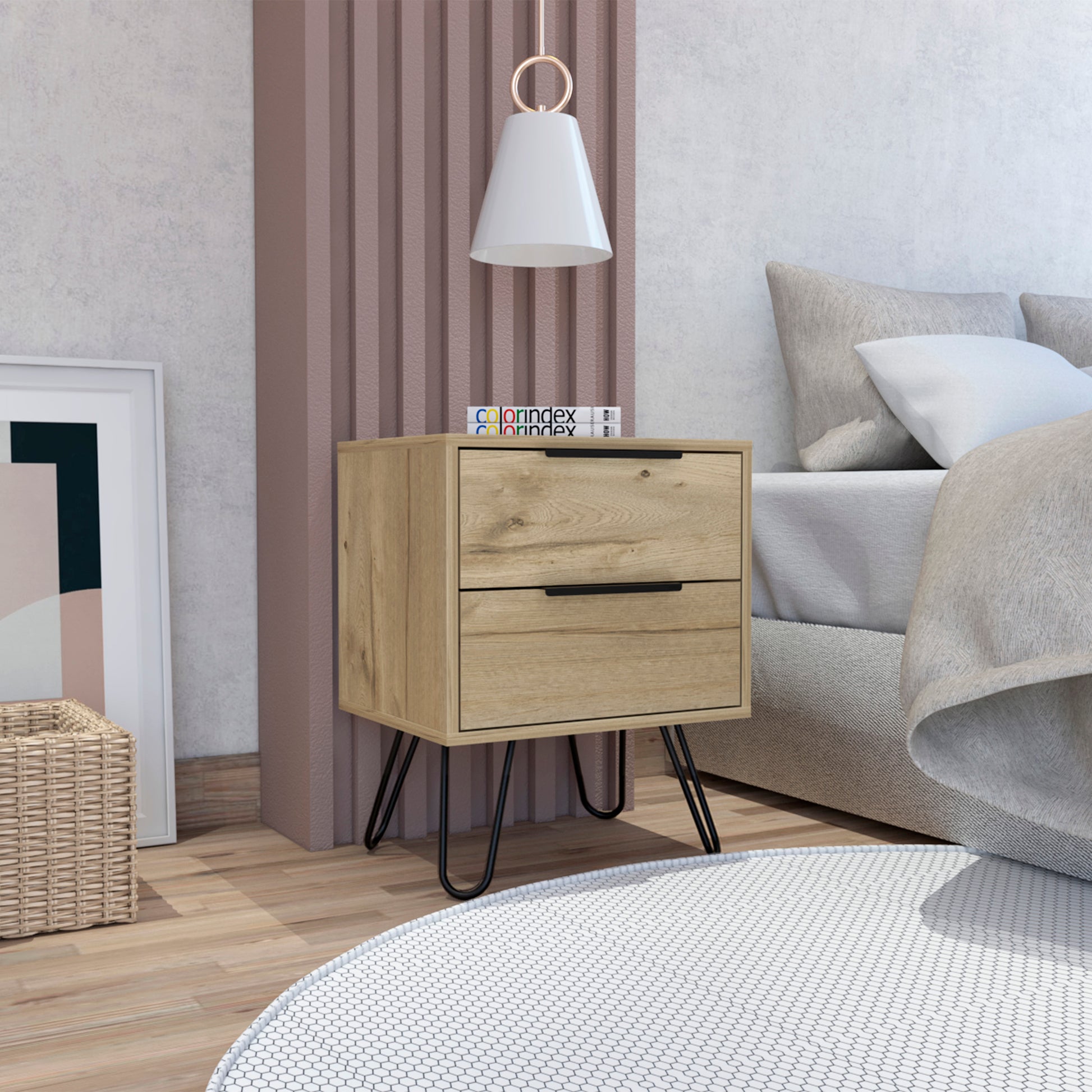 Light oak bedside table with two drawers and black metal hairpin legs