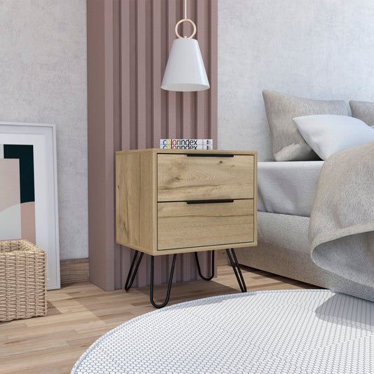 Light oak bedside table with two drawers and black metal hairpin legs
