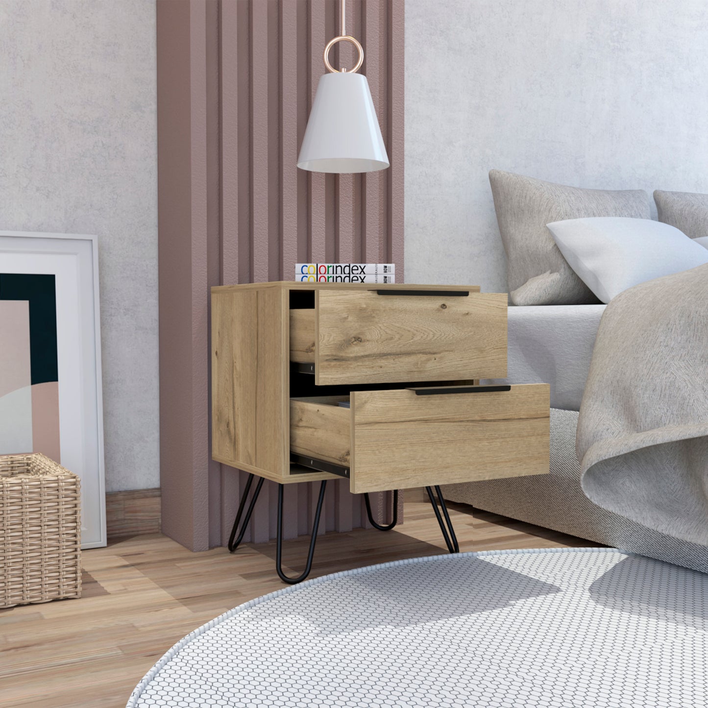Light wood grain nightstand with two drawers and black hairpin legs