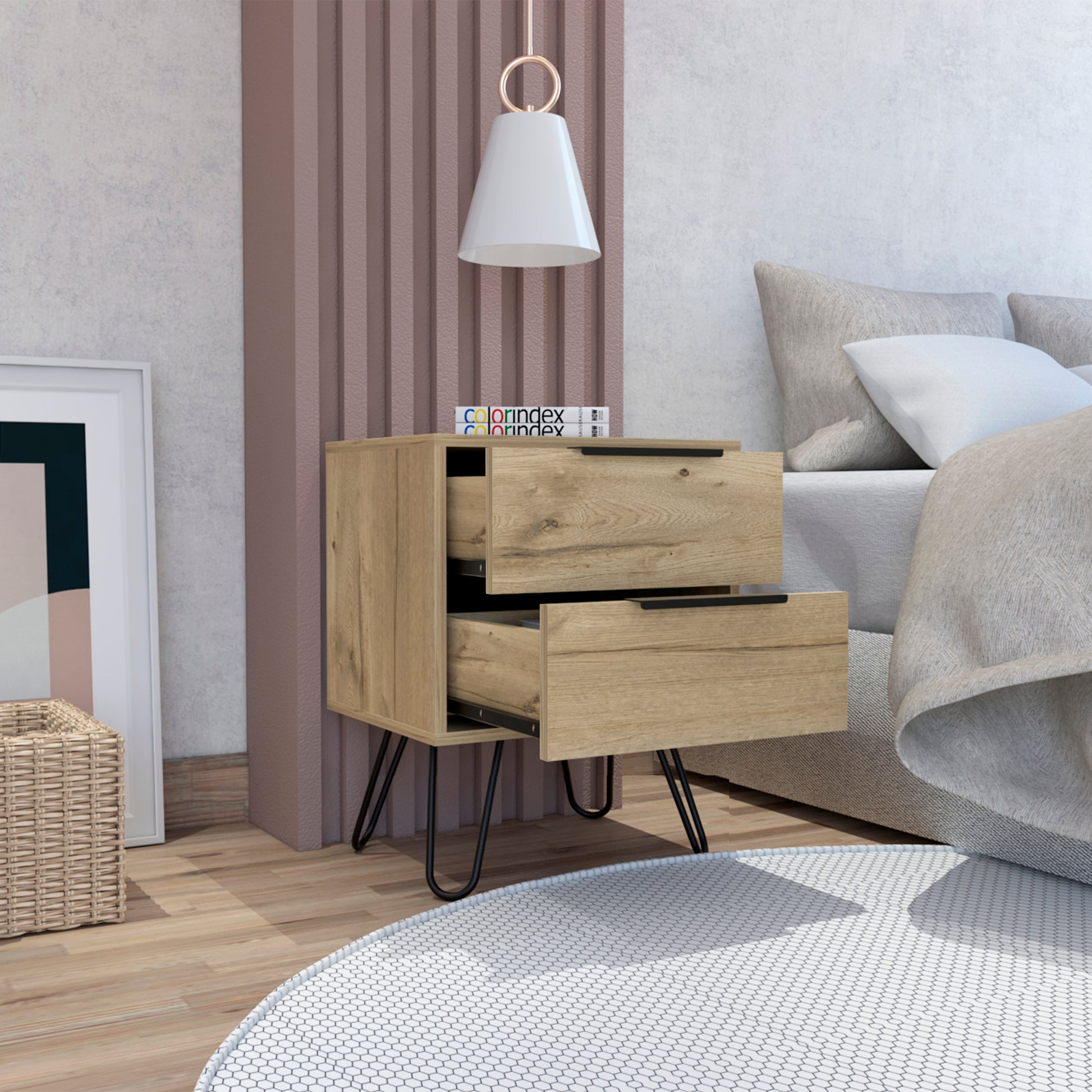 Light wood grain nightstand with two drawers and black hairpin legs