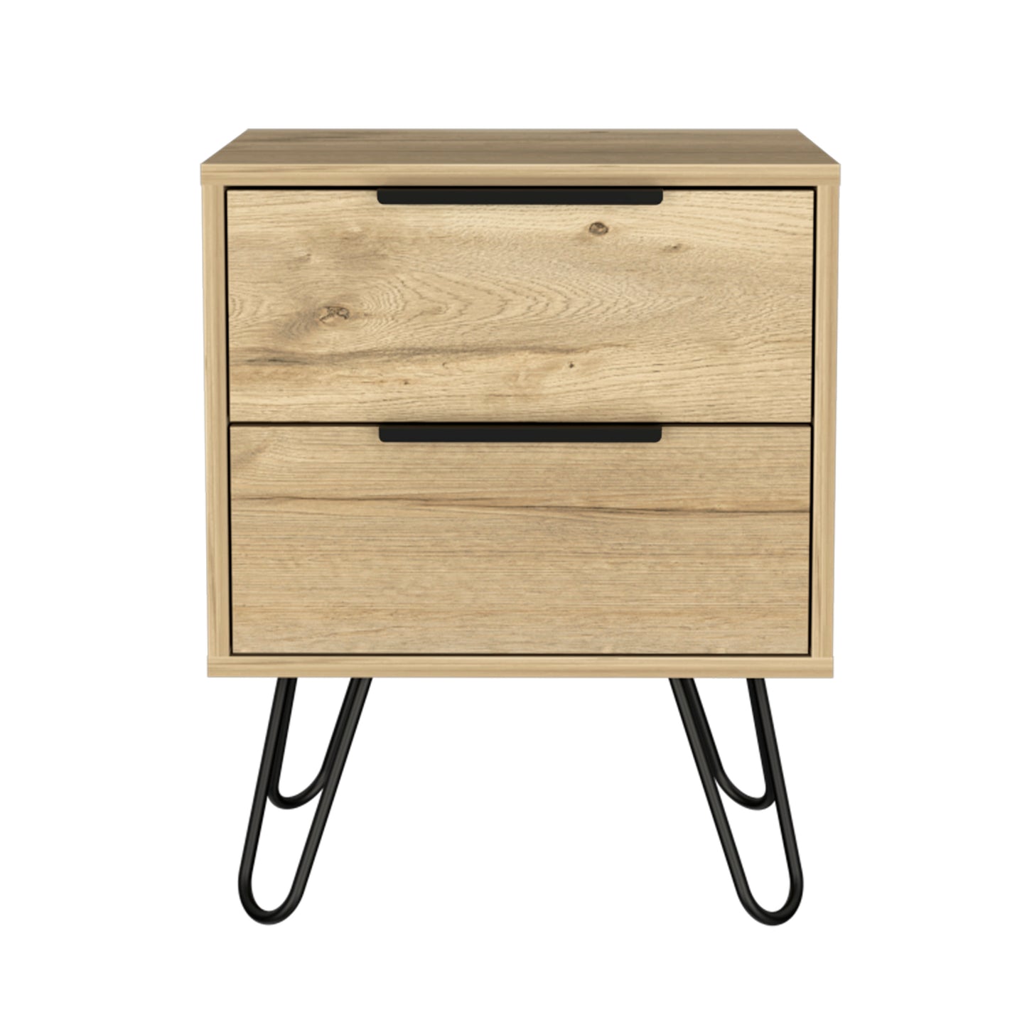 Wooden twodrawer nightstand with black metal hairpin legs