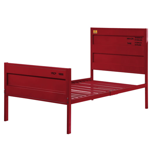 Red metal platform bed frame with slat support