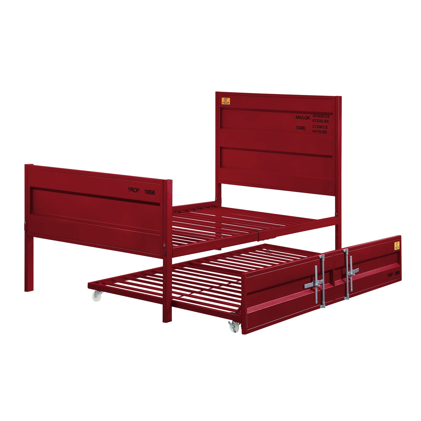 Red metal twin bed with pullout trundle shipping container design