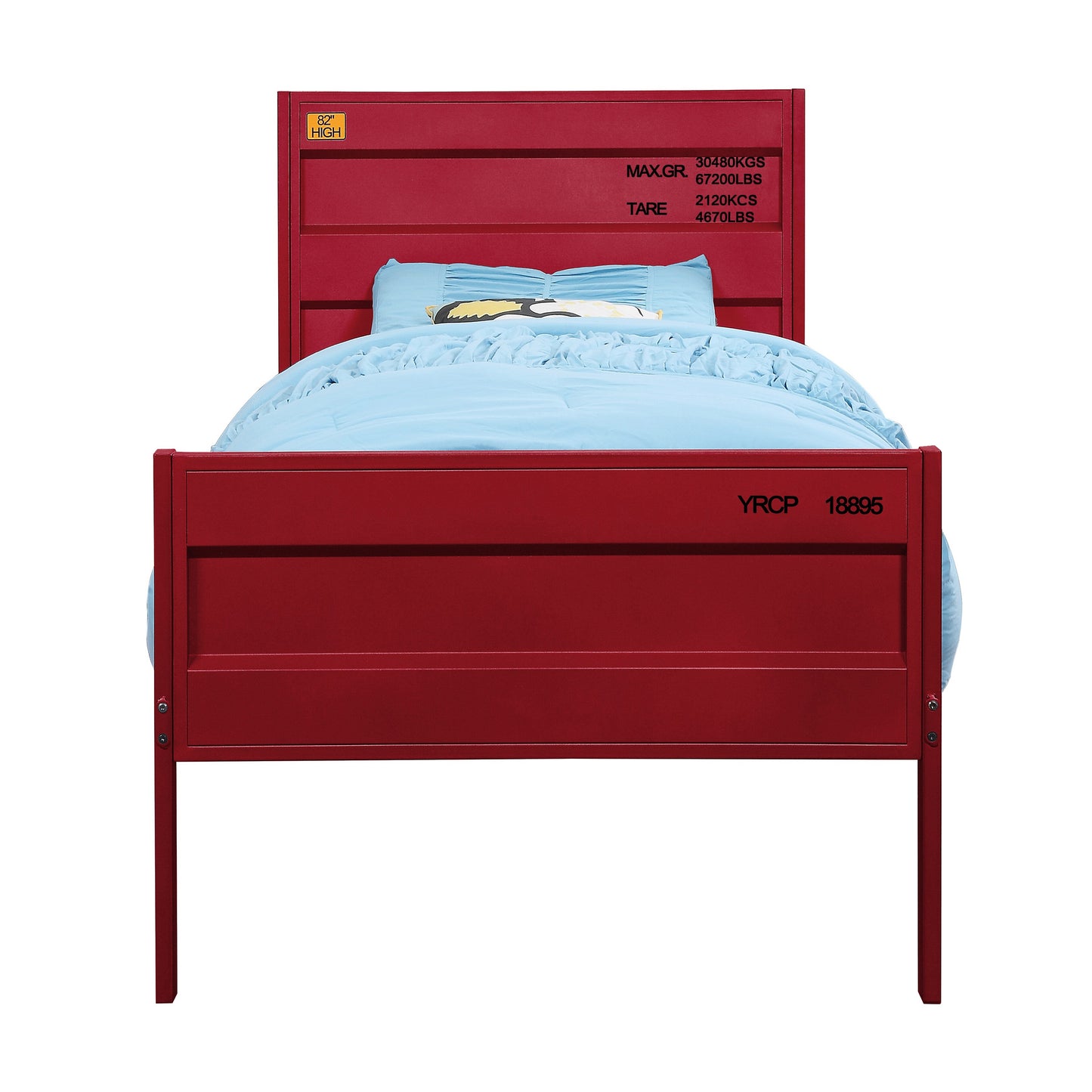 Crimson red metal platform bed frame with industrial shipping container design details