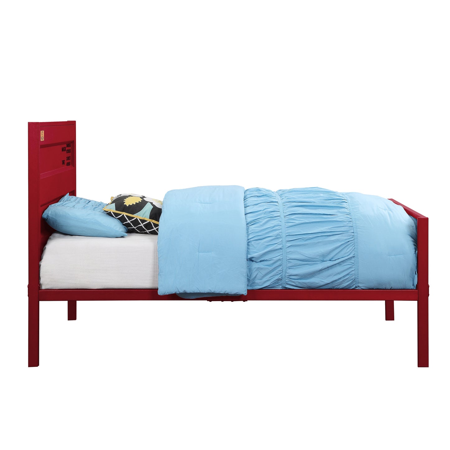 Red metal twin bed frame with shipping containerinspired headboard details and light blue bedding