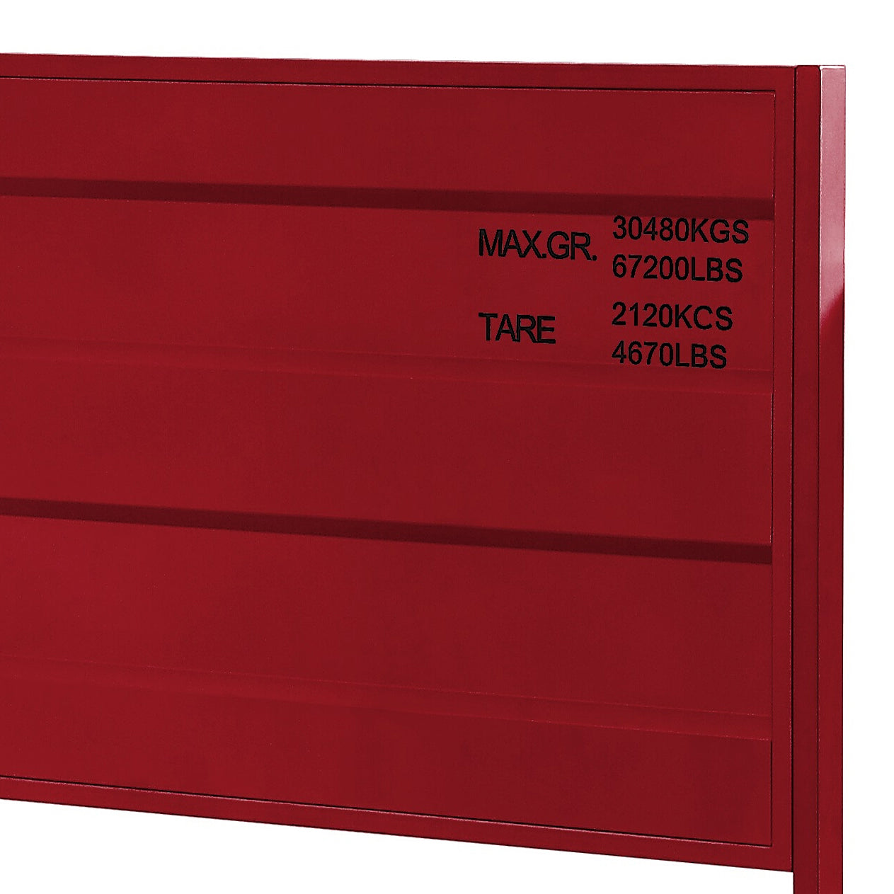 Red industrial shipping container side panel with MAX GR and TARE weight markings