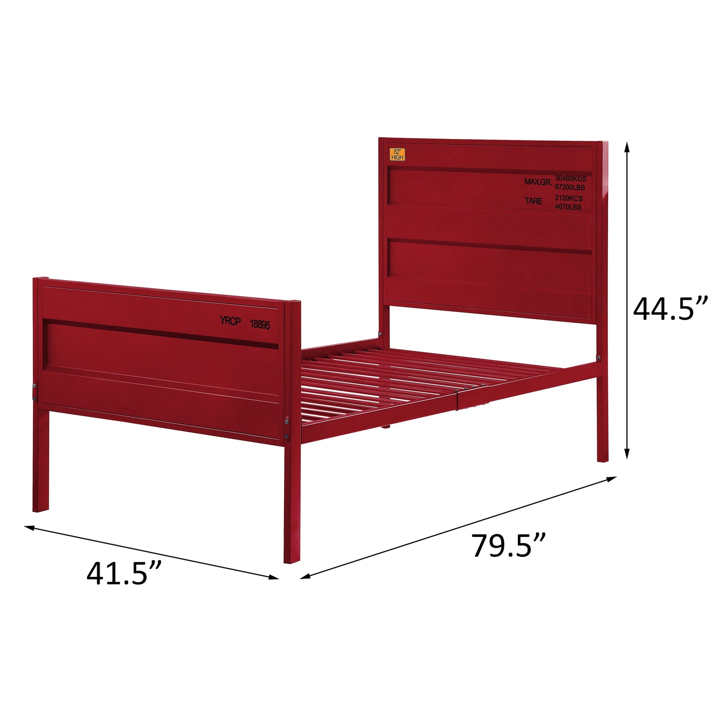 Red metal twin bed frame with slatted mattress support  length