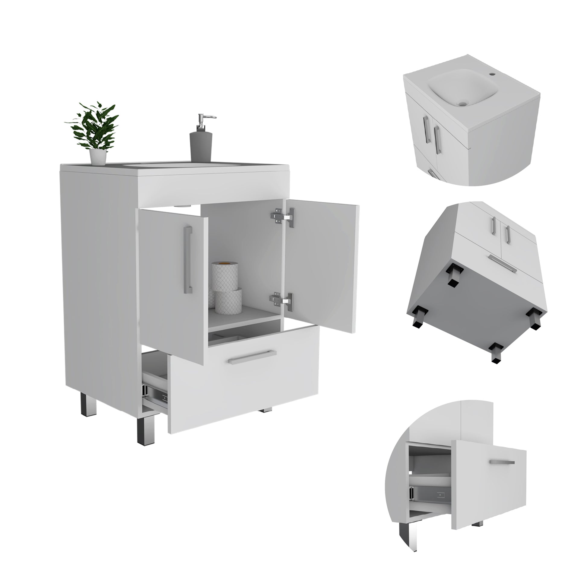 Modern white vanity cabinet with integrated sink and storage shelves
