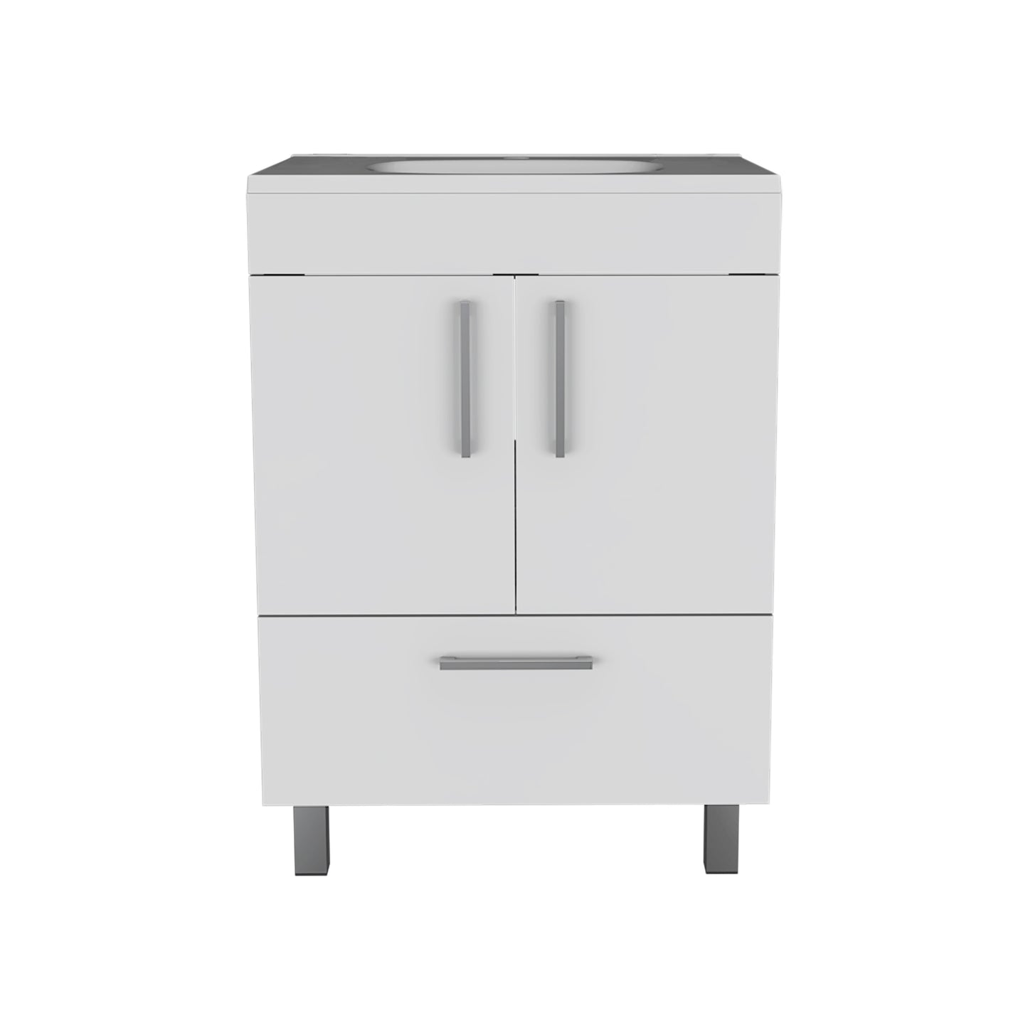 White modern bathroom vanity with two cabinet doors and a drawer