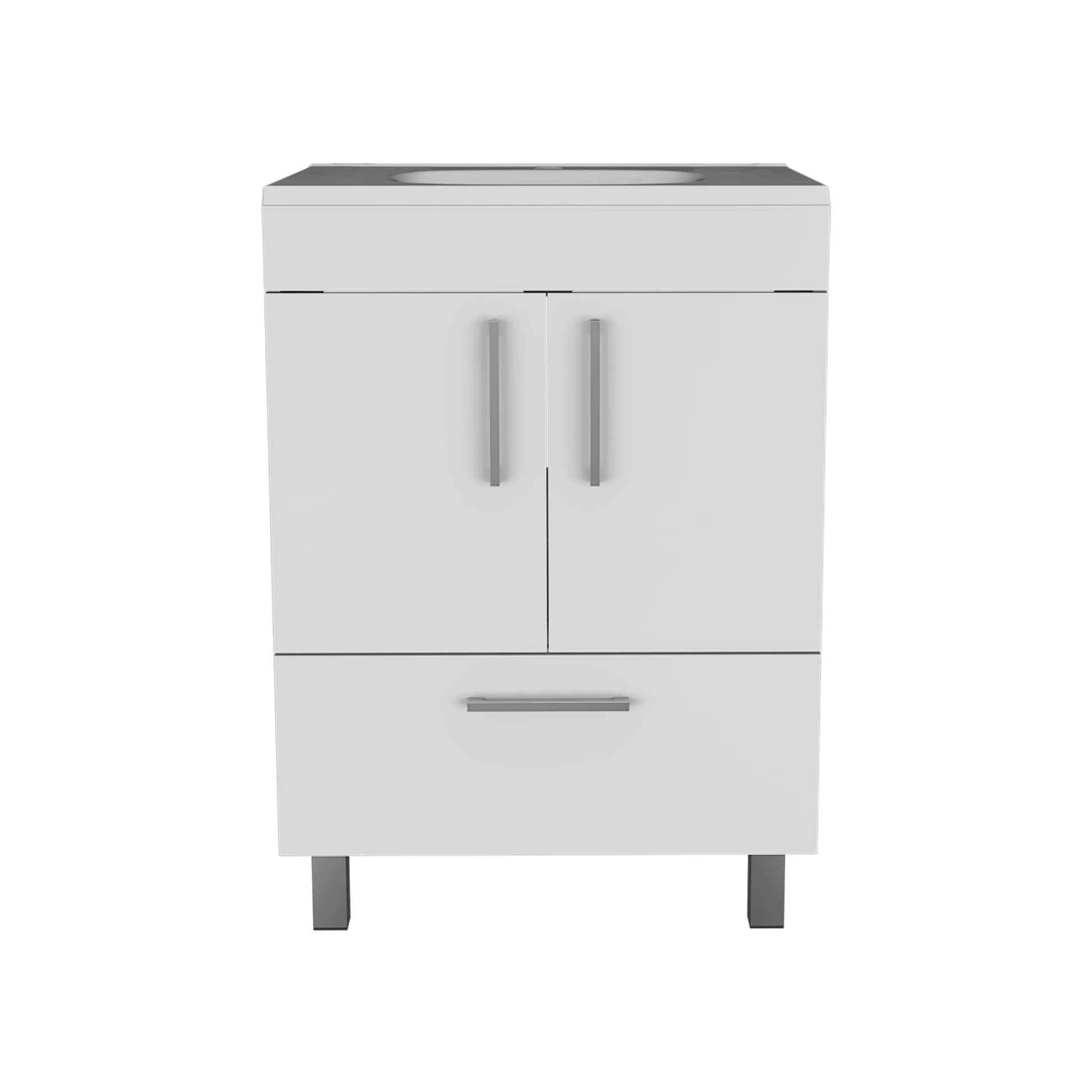 White modern bathroom vanity with two cabinet doors and a drawer