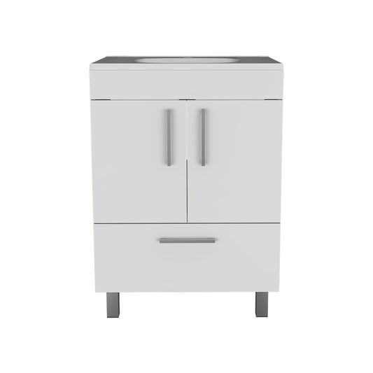 White modern bathroom vanity with two cabinet doors and a drawer
