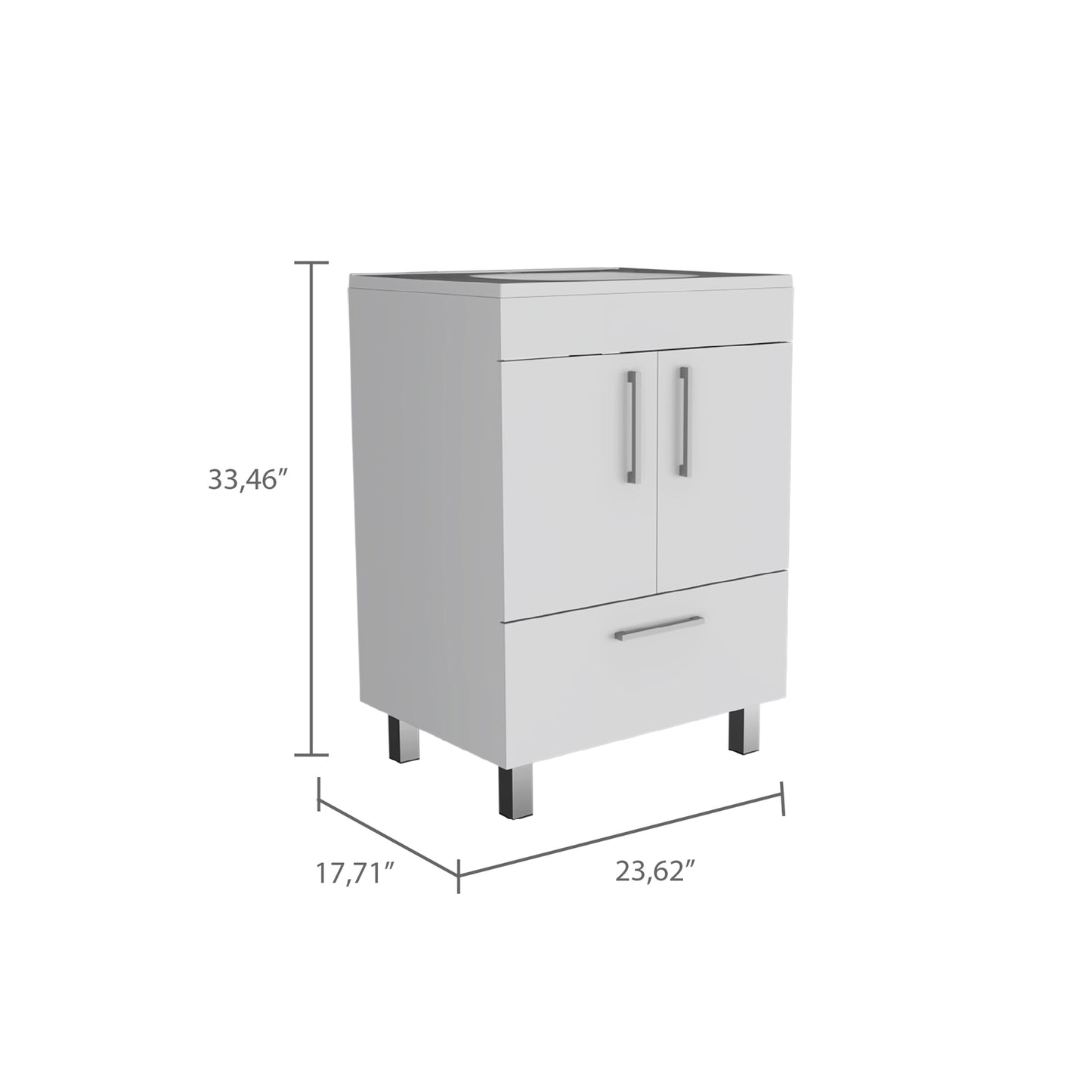 White vanity cabinet with two doors and a drawer on chrome legs