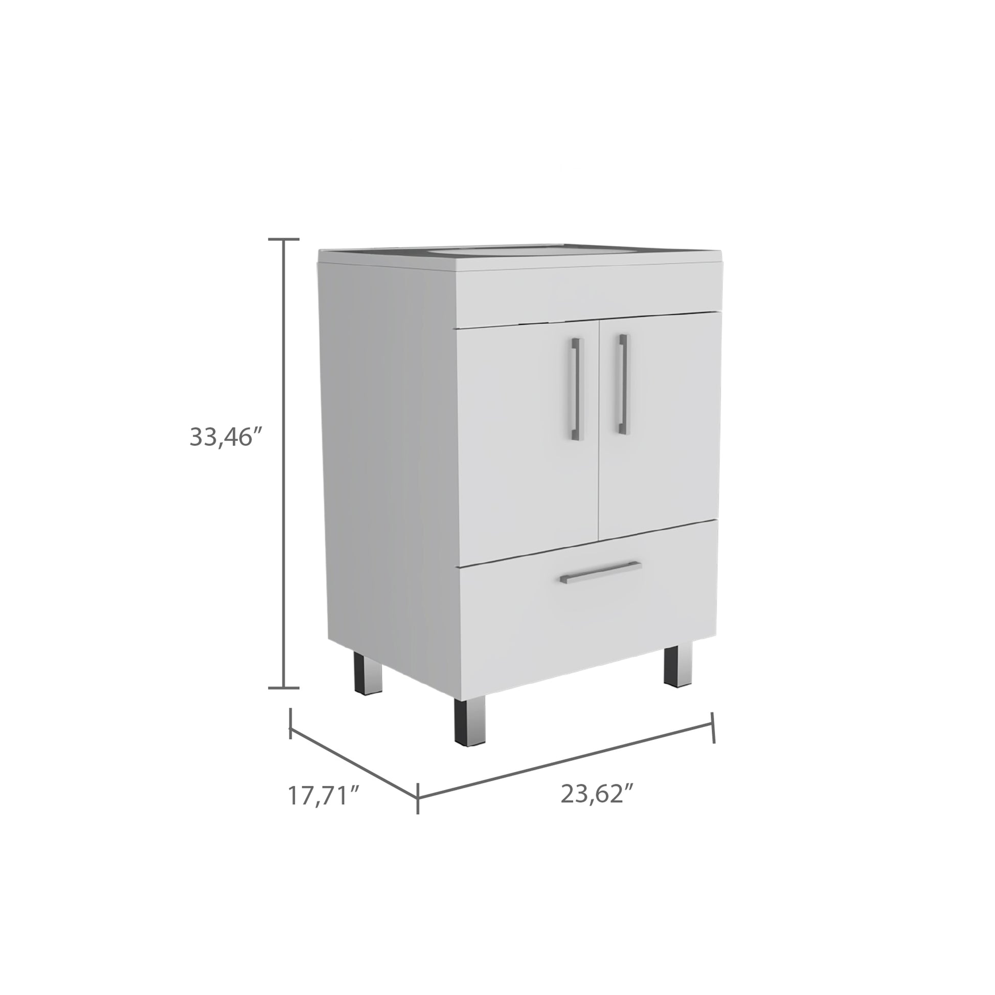 White vanity cabinet with two doors and a drawer on chrome legs