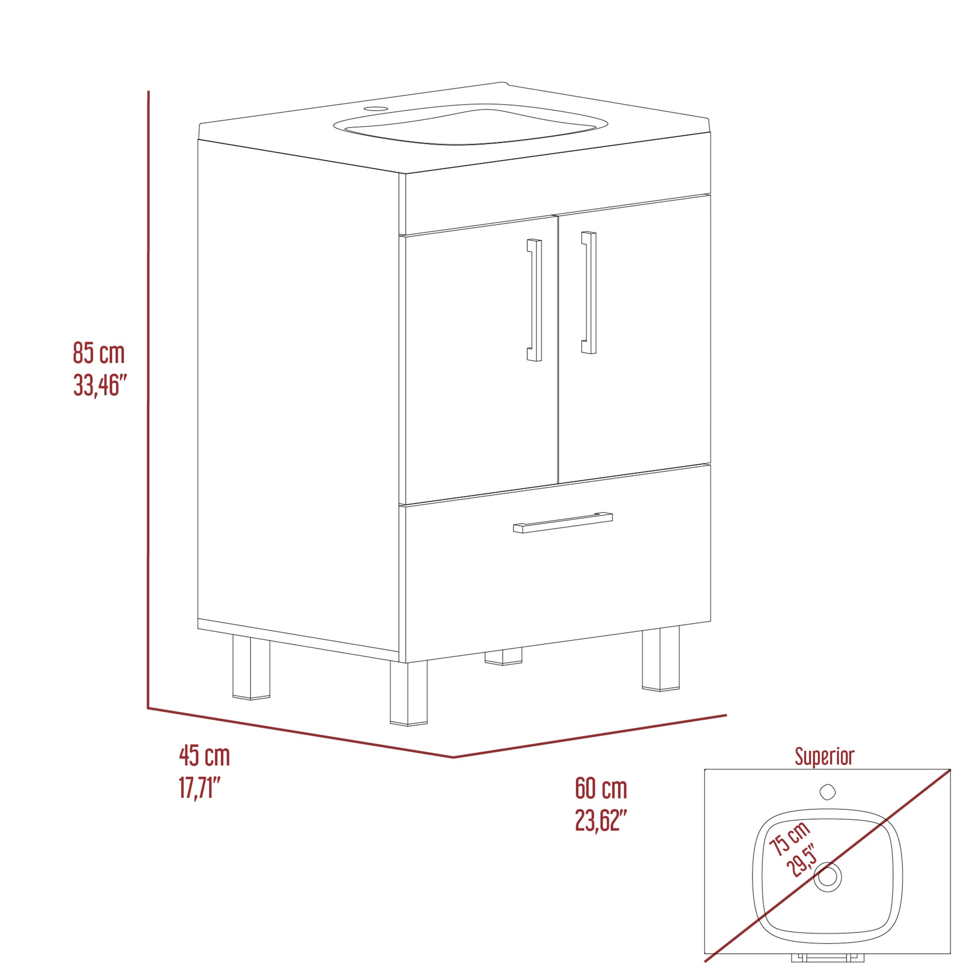 Line drawing of a white bathroom vanity with two doors and one drawer