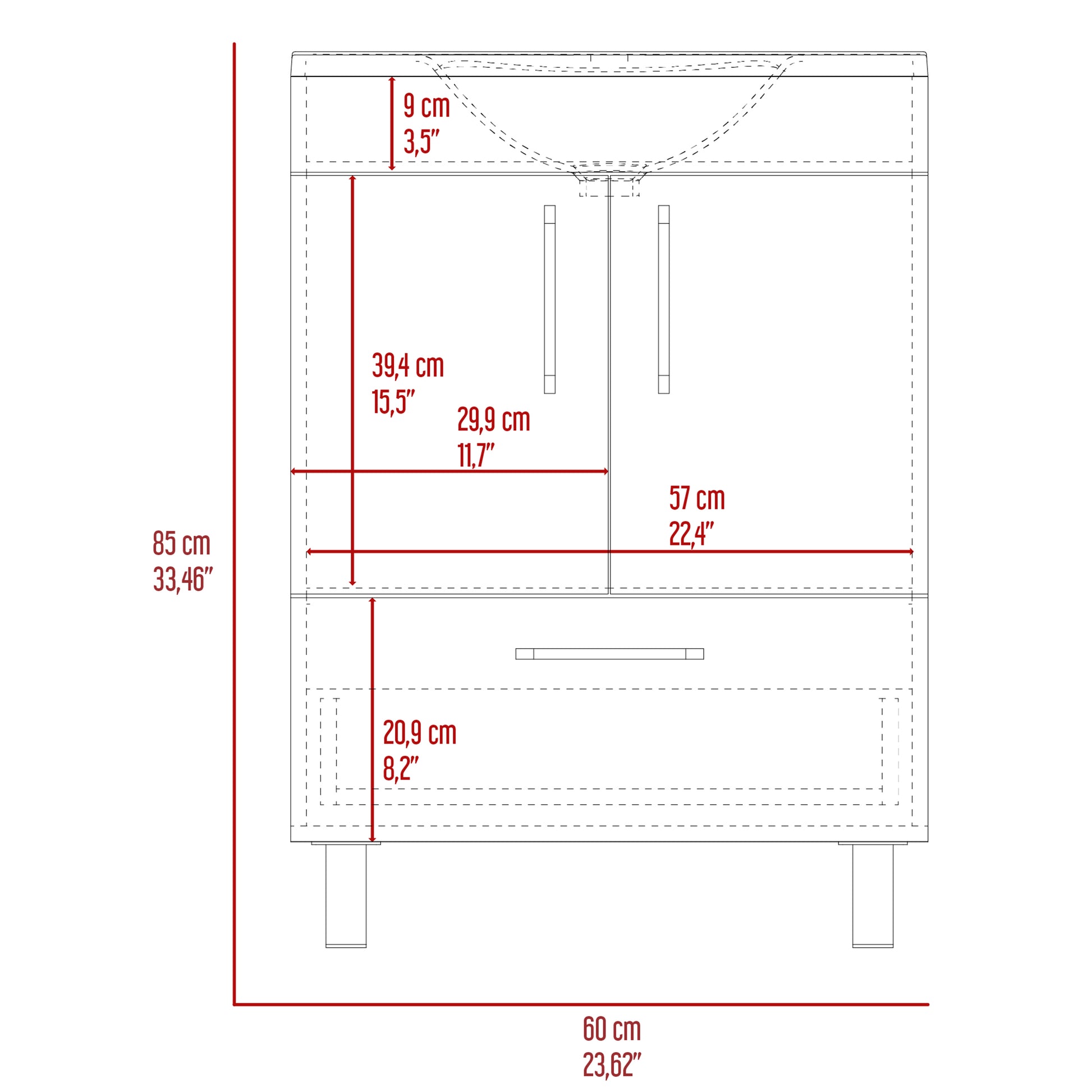 Detailed dimensions of a modern bathroom vanity cm height