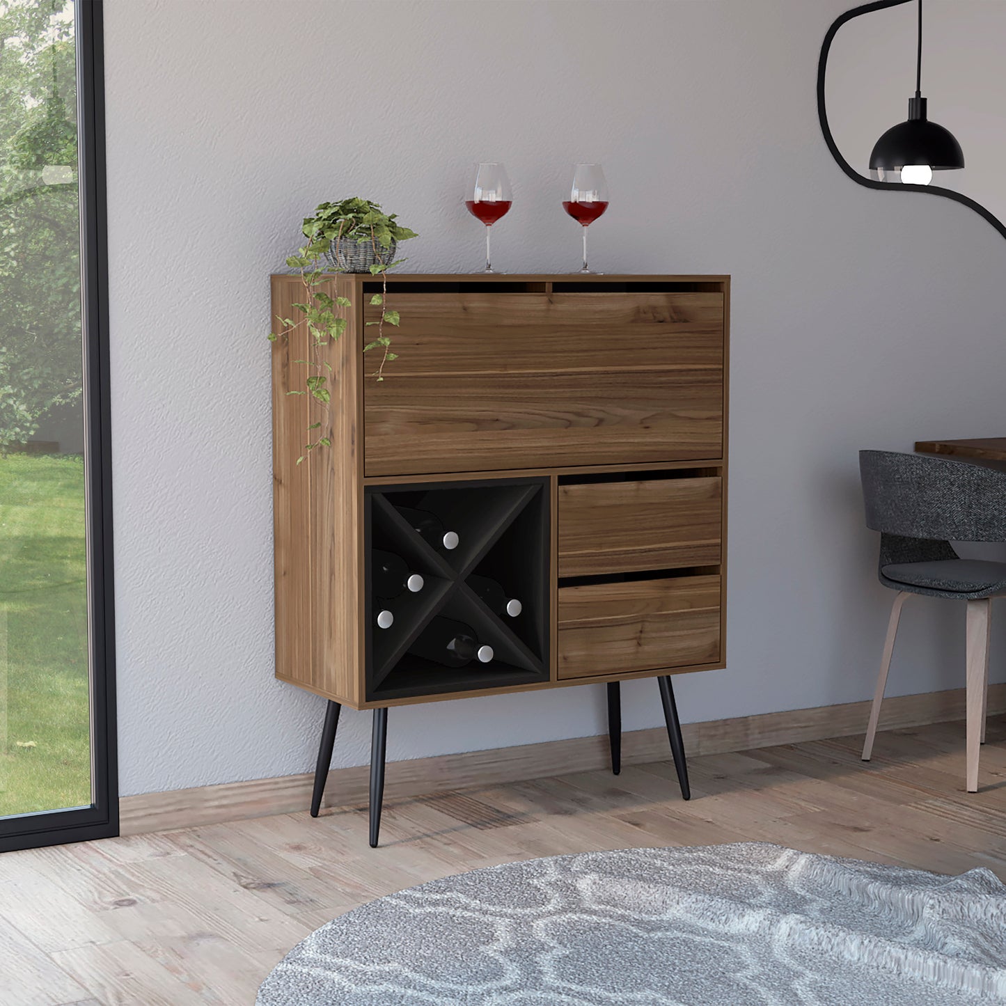 Modern wood bar cabinet with wine rack and drawers