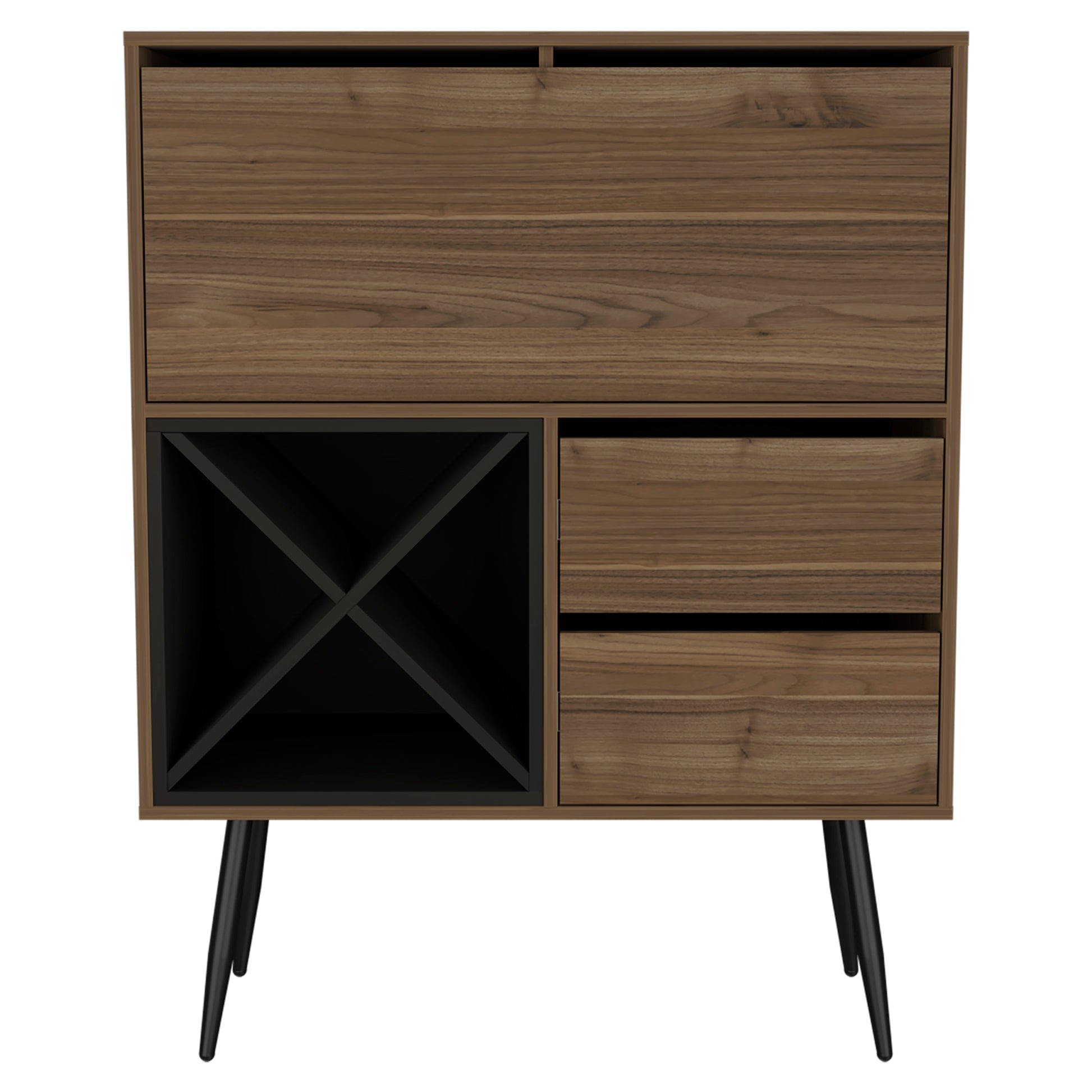 Modern walnut wood cabinet with wine rack and three drawers on tapered black legs