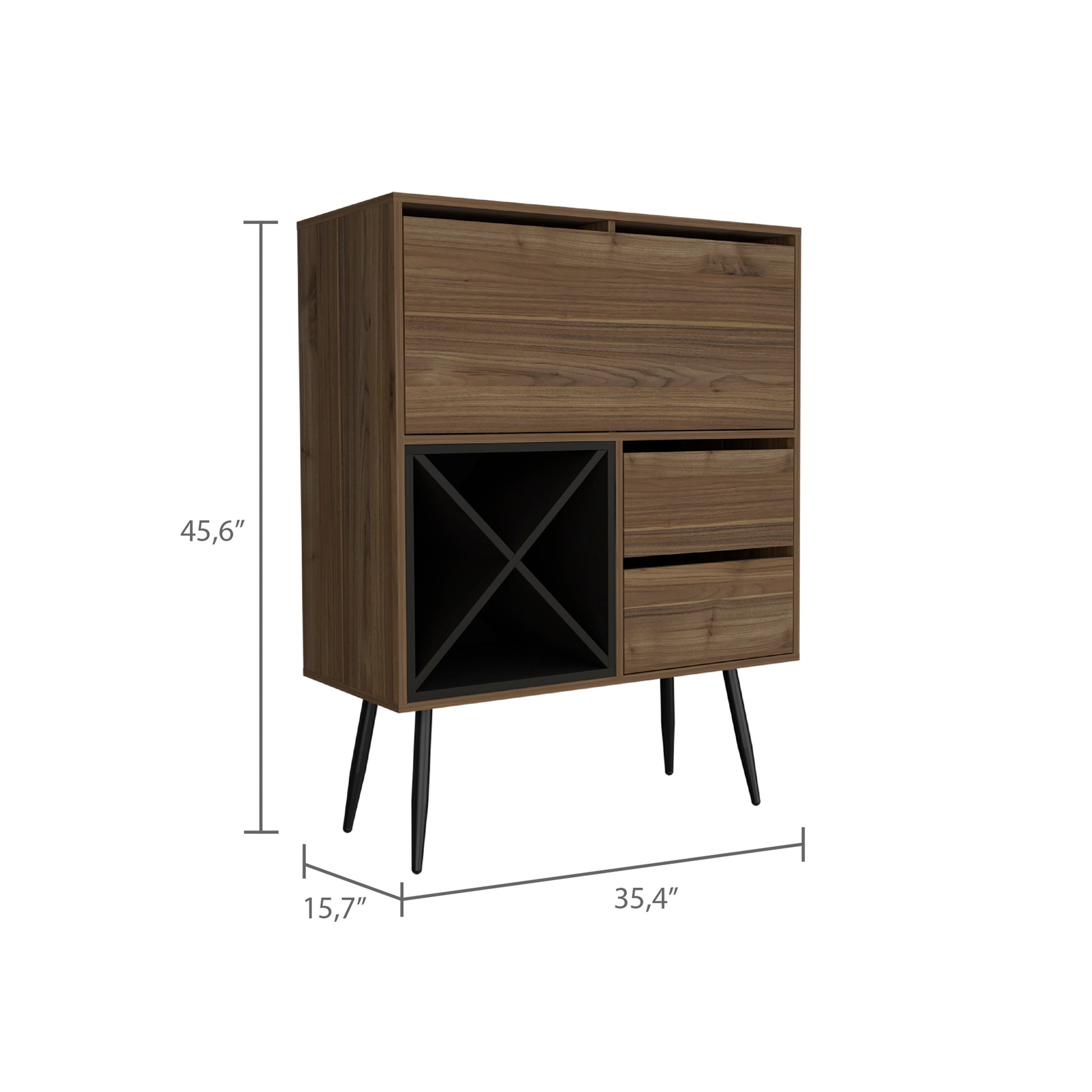 Brown wood cabinet with black metal legs and wine rack