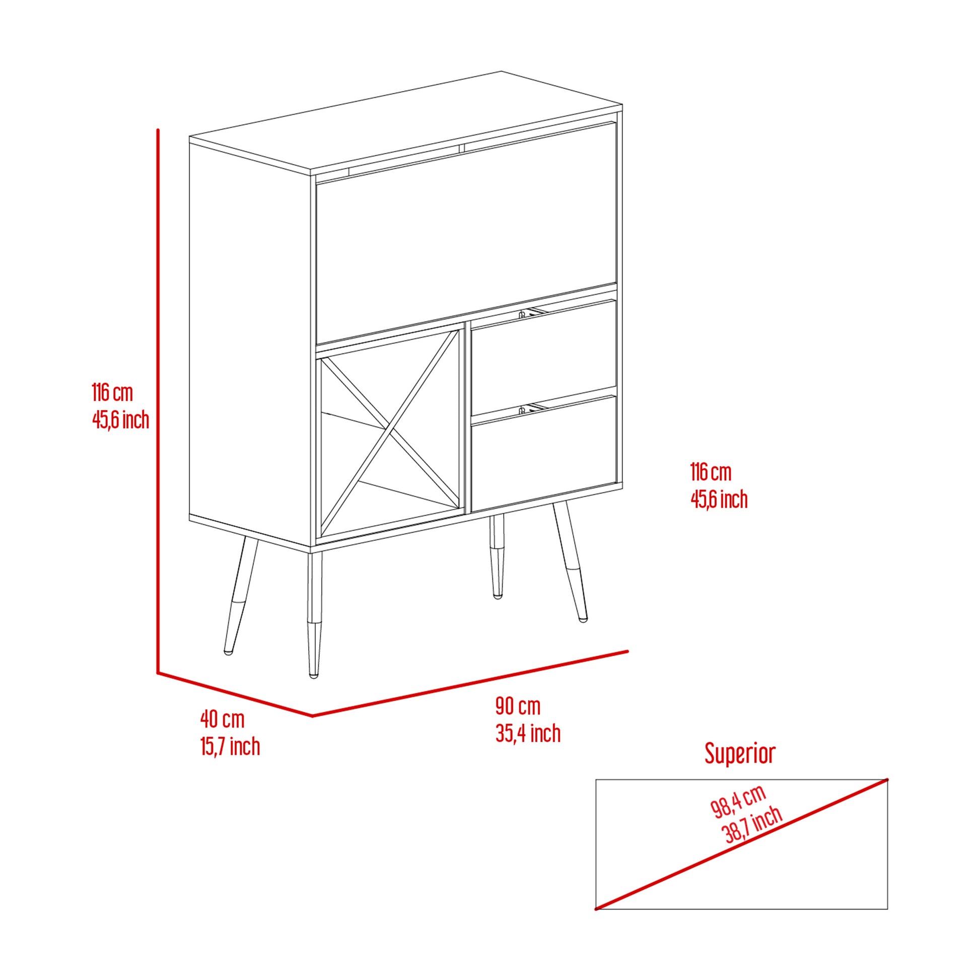 Modern tall bar cabinet with wood finish two drawers and open shelving detail