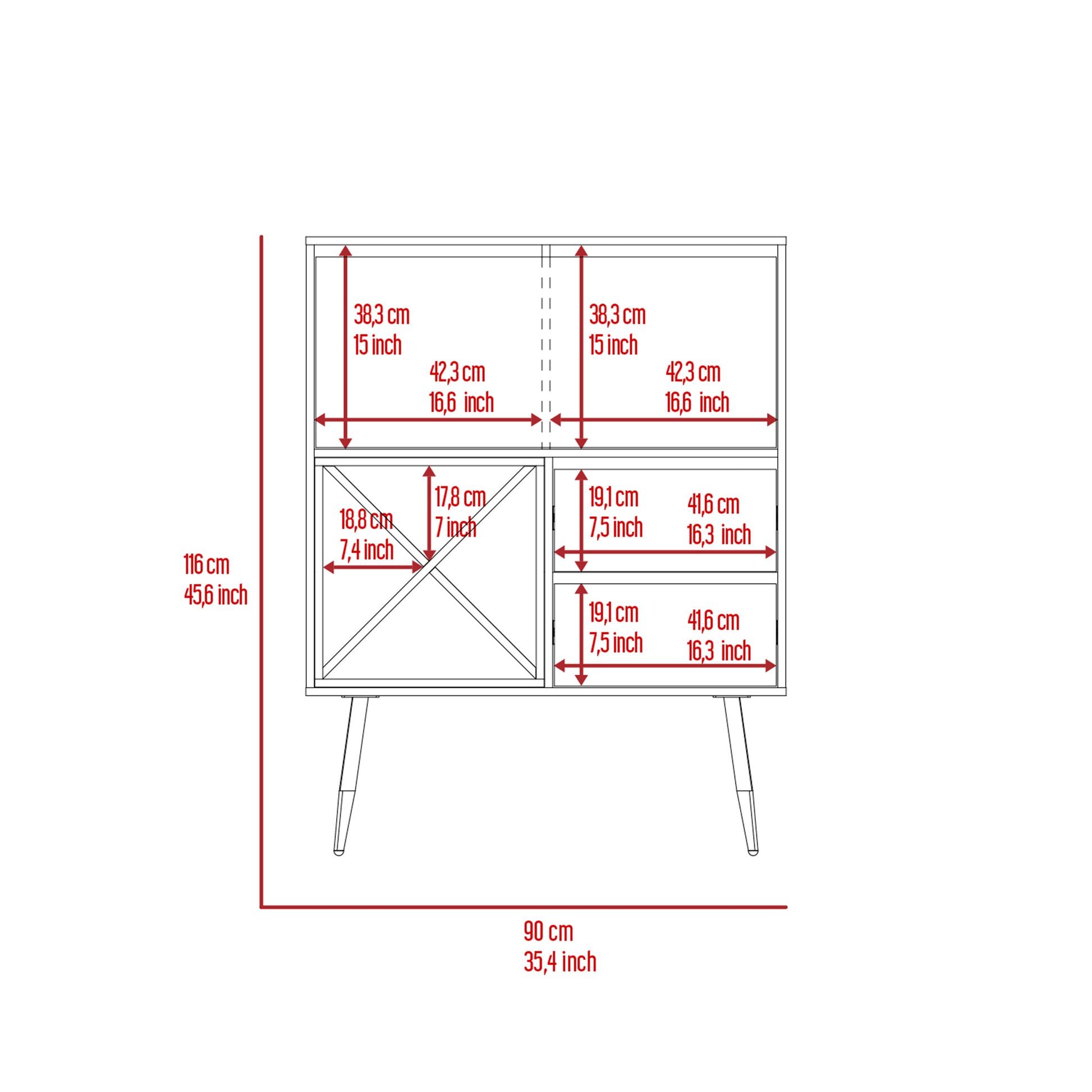 Detailed technical drawing of a modern credenza with dimensions for shelf and drawer sizes