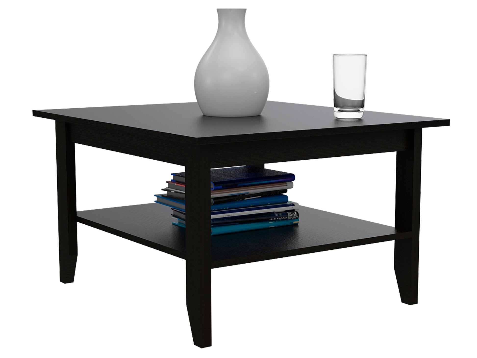 Black twotier end table with a white vase and glass on top and books on the lower shelf