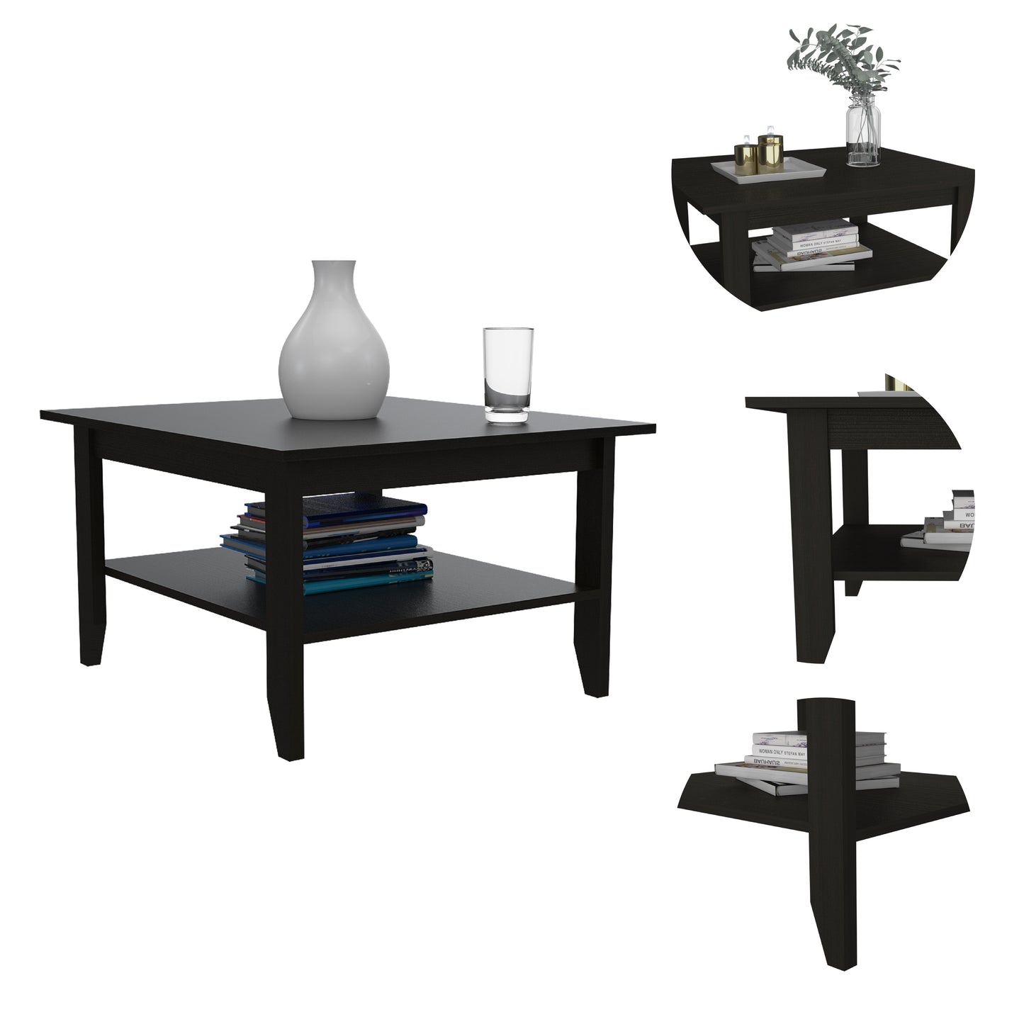 Dark wood coffee table with two shelves and a white vase