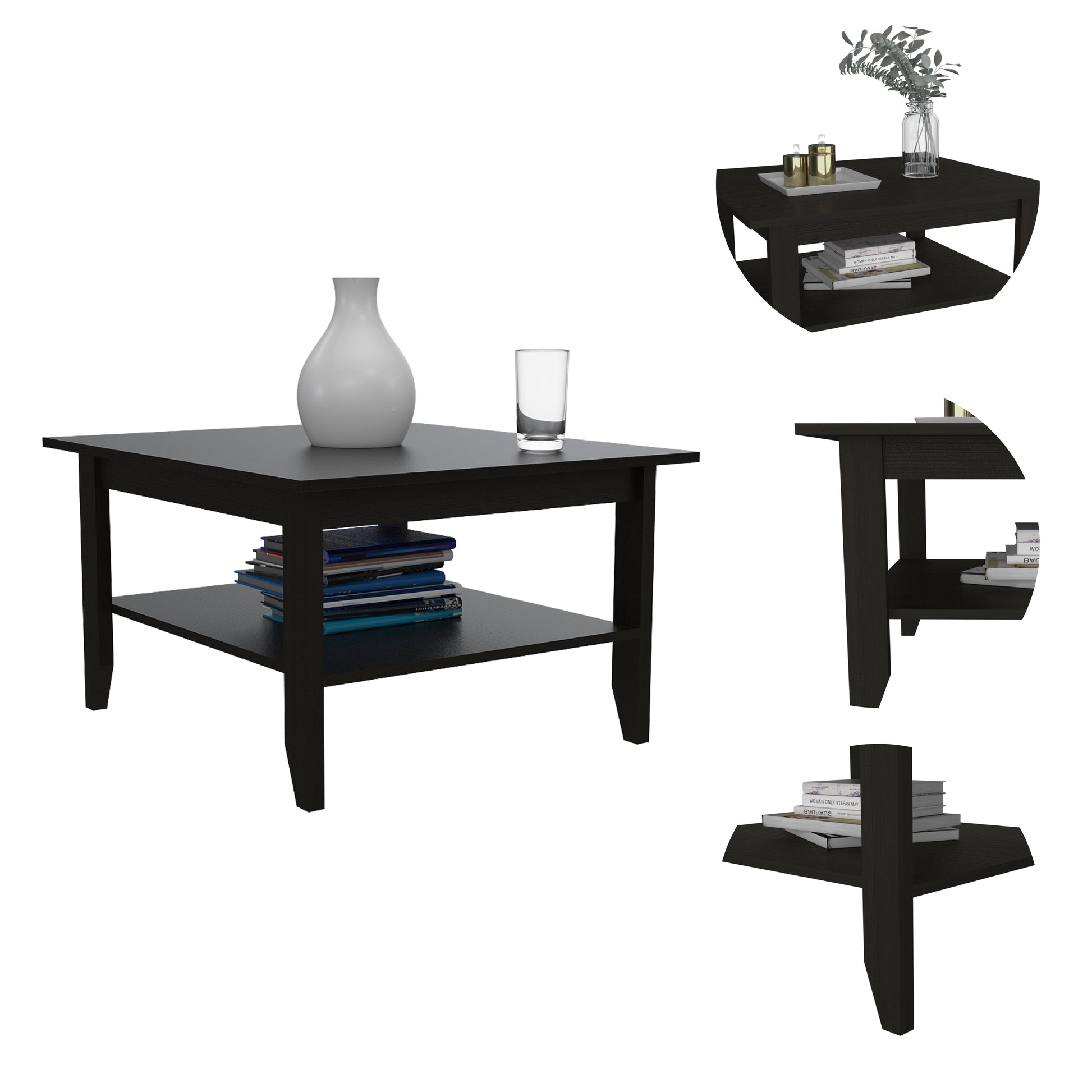 Dark wood coffee table with two shelves and a white vase