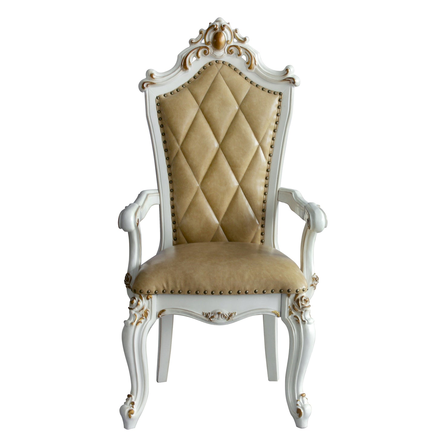 Ornate tufted armchair with carved white and gold wood frame upholstered in tan leatherette