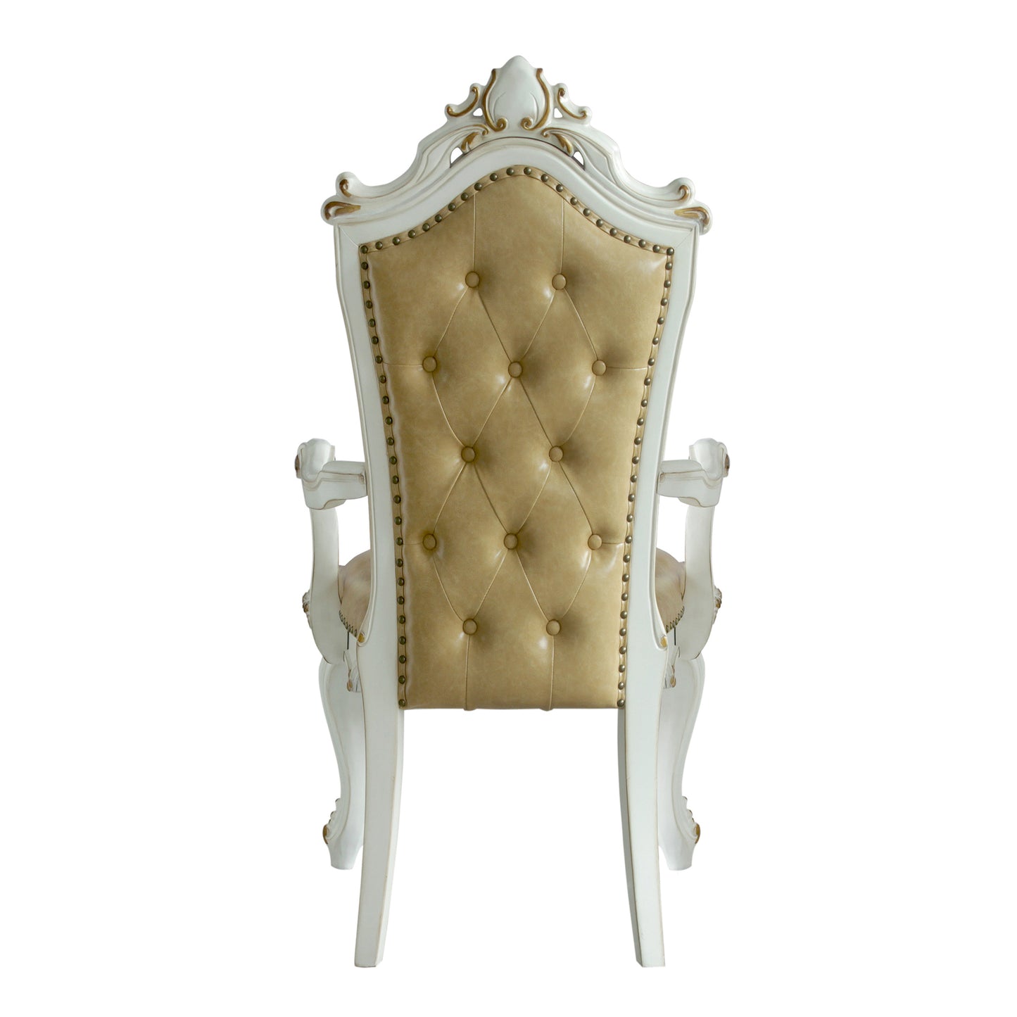 Tufted gold leather baroque armchair with white carved wood frame and brass nailhead trim