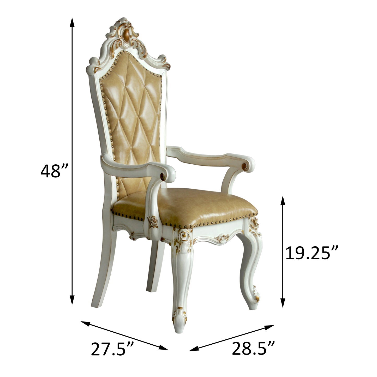 Ornate white and gold dining chair with tufted tan leather upholstery and carved details