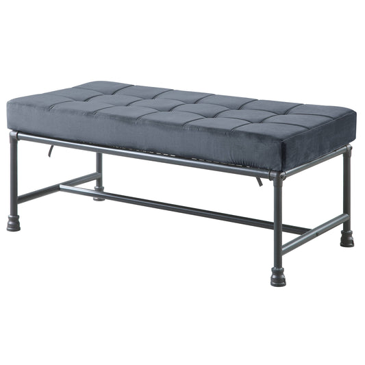 Tufted grey velvet bench with industrial pipe legs perfect for entryway seating