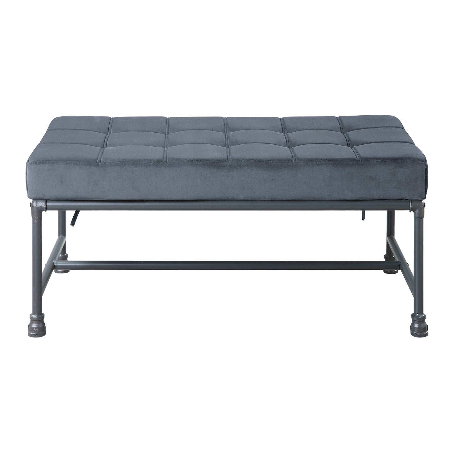 Tufted grey velvet bench with industrial pipe legs