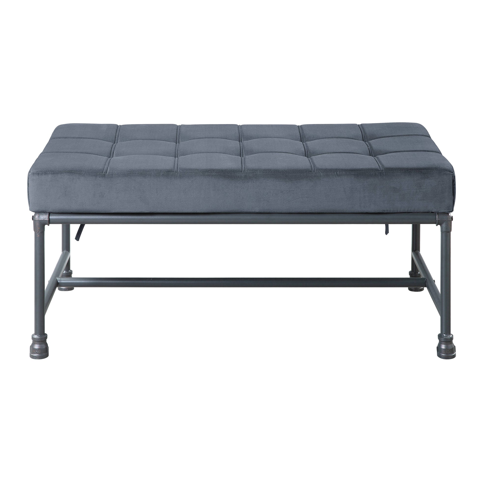 Tufted grey velvet bench with industrial pipe legs