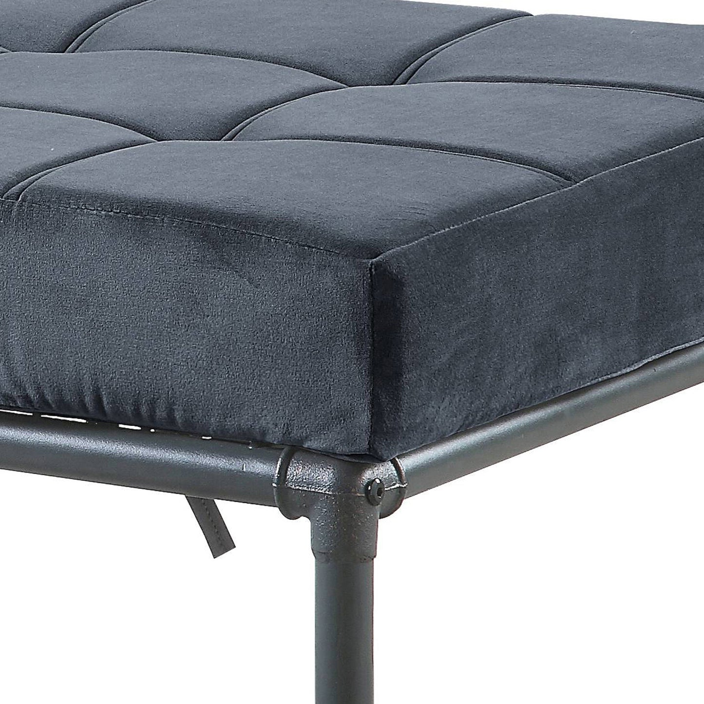 Tufted dark grey velvet bench with metal frame ideal for modern living rooms
