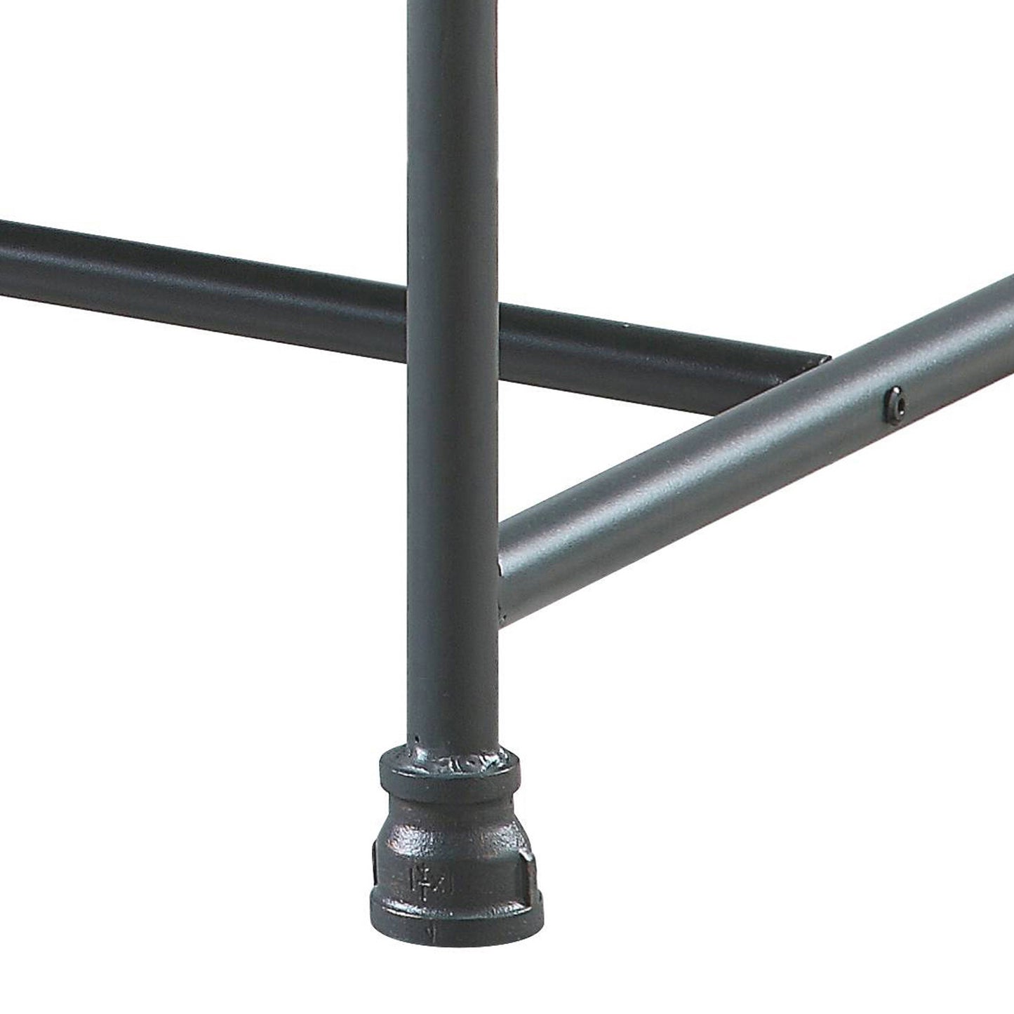 Closeup of a dark gray metal table leg with an industrial pipe fitting base