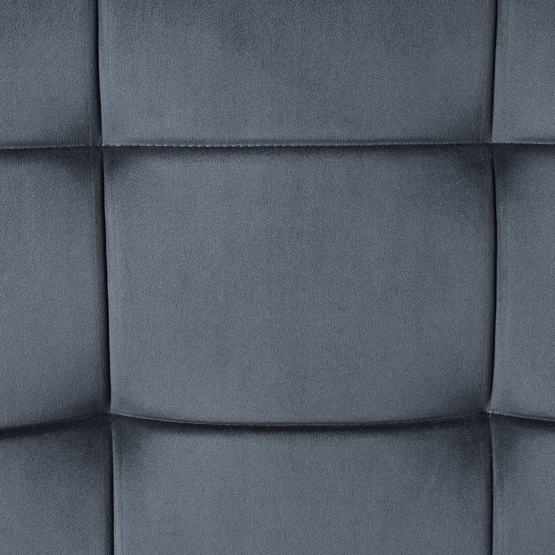 Dark grey velvet upholstery fabric with diamond tufting and stitching details