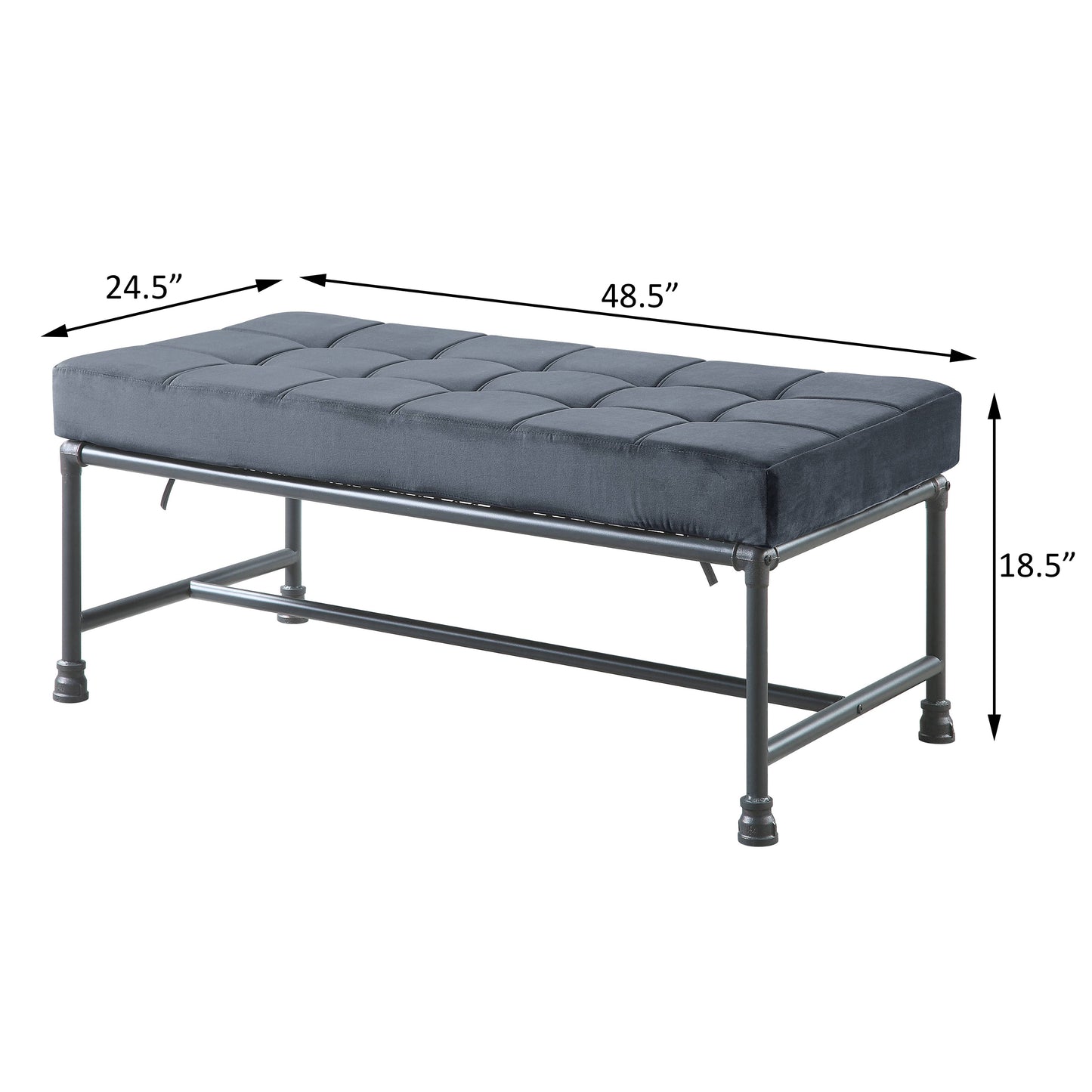 Dark grey tufted velvet storage bench with black metal industrial pipe legs