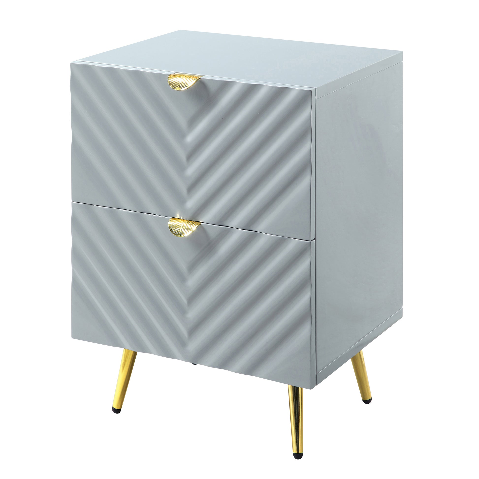 Gray modern nightstand with gold leaf drawer pulls and tapered legs