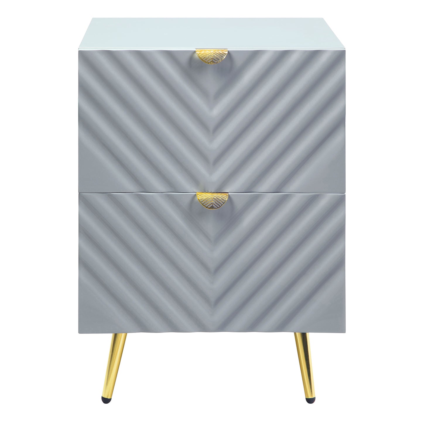 Gray chevron patterned nightstand with gold leafshaped drawer pulls and tapered legs