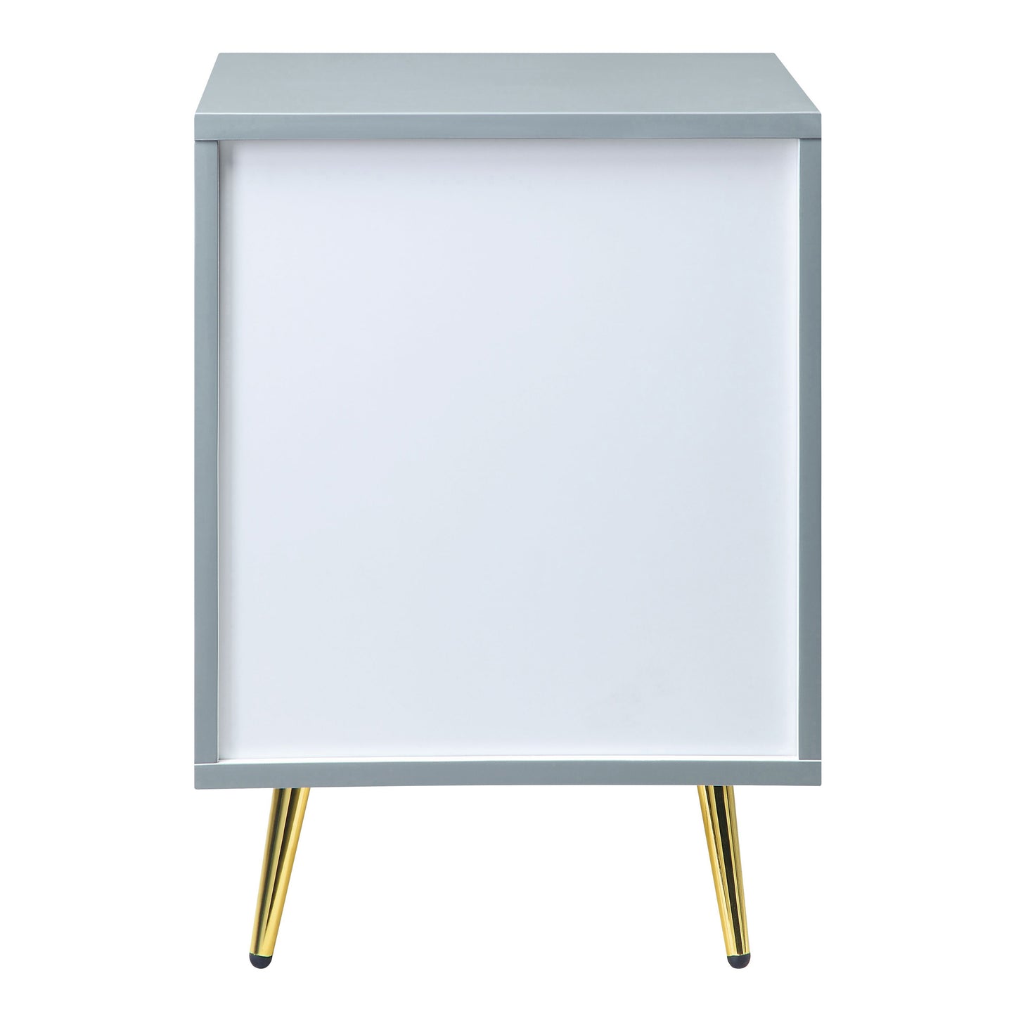 Modern grey bedside table with white drawer front and gold tapered legs