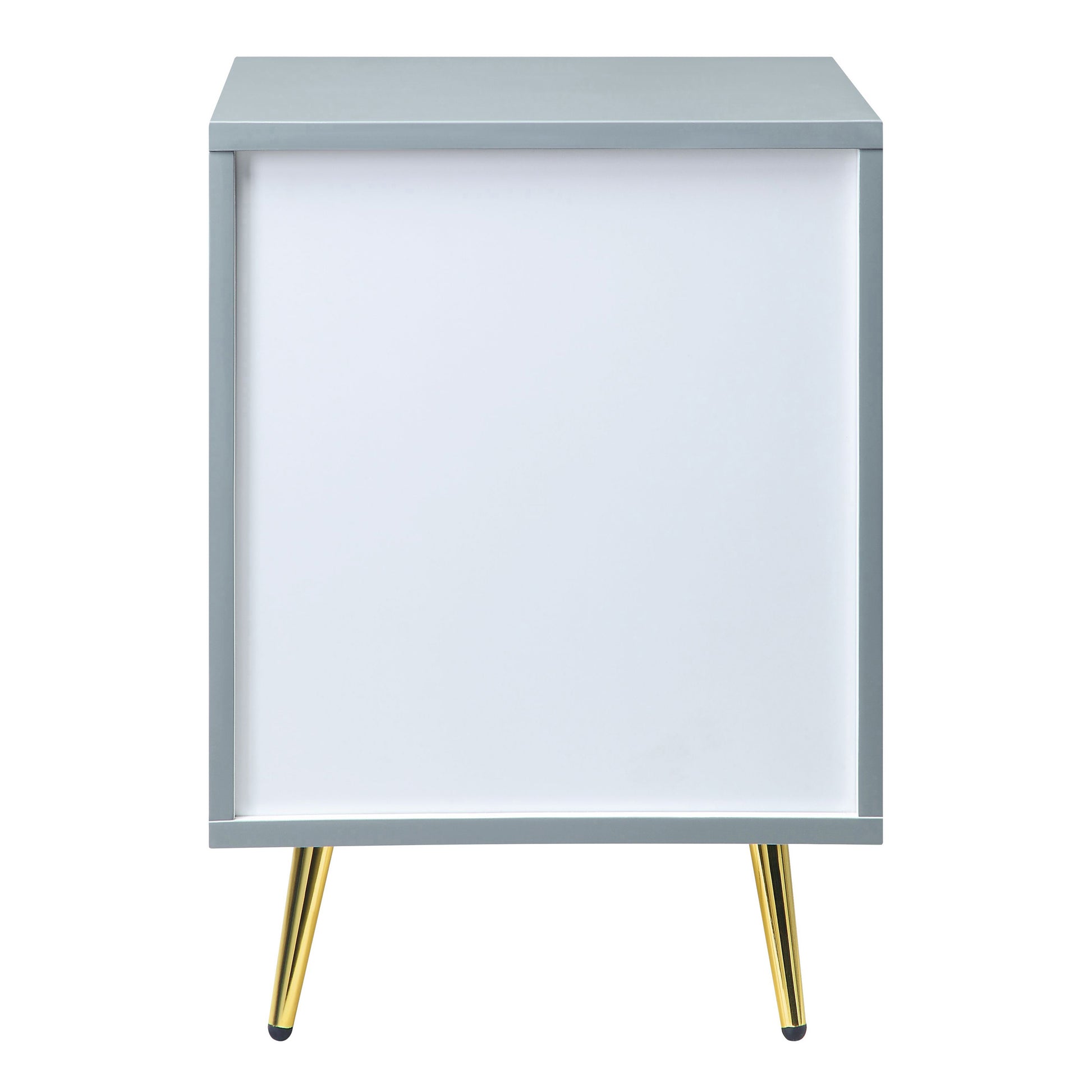 Modern grey bedside table with white drawer front and gold tapered legs