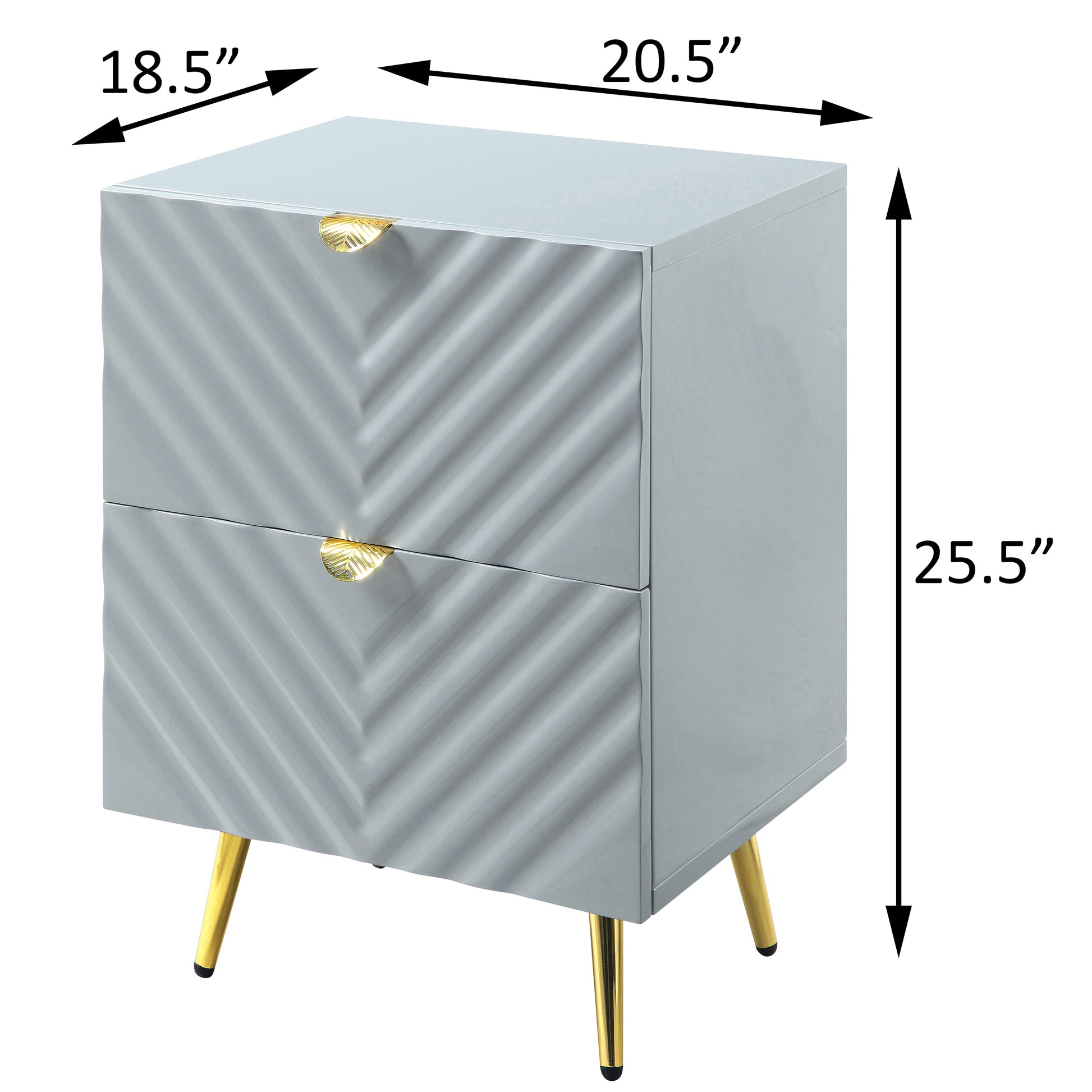 Gray twodrawer nightstand with textured front gold leaf handles and gold tapered legs